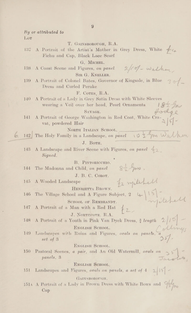 By or attributed to Lor T. GarnsporoueGH, R.A. , i387 A Portrait of the Artist’s3 Mother in Grey Dress, White d&lt; F Fichu and Cap, Black Lace Searf a G. MICHEL. : : Pee et _ 138 A Coast Scene and Figures, on panel Qe of ee ay de eee Sir G. KNELLER. 139 A Portrait of Colonel Bates, Governor of Kingsale, in Blue &lt;3 6/7 Dress and Curled Peruke | FP. Corus, Rx. 140 A Portrait of a Lady in Grey Satin Dress with White Sleeves wearing a Veil over her head, Pearl Ornaments Sz Gay / 4 Py . SAVAGE. otha @ 141 A Portrait of George Washington in Red Coat, White Cra-_ , 4y 4 on 1 &gt; j= vat, powdered Hair as ad ; NORPH TPALIAN SCHOOT, meme ; oF i e ° - rn Be oF NA ; } ; 1 142; The Holy Family in a Landscape, on panel \O DV ° a Warn J. Born. ns ig ae ee 143 A Landscape and River Scene with Figures, on panel Signed. e iB. Prnroriccuio. 144 The Madonna and Child, on panel Sp. JBC; Conor. 145 A Wooded Landscape 4, wi litt HENRIETTA BRowNn. _ : ’ . . . 2 4 L. } 146 The Village School and A Figure Subject, 2) \\ \ j f SCHOOL OF REMBRANDT. Mh pe i 147 A Portrait of a Man with a Red Hat f ” J. Nortreorr. R.A. ; | 148 A Portrait of a Youth in Pink Van Dyck Dress, 3 length ‘72 [eey { ENGLISH SCHOOL. oA 149 Tandseapes with Ruins and Figures, ovals on panels, a, set of 8 ys vi £ ENGLISH SCHOOL. | 150 Pastoral Scenes, a pair, and An Old Watermill, ovals on A 4 panels, 8 — . Awe ENGLISH SCHOOL. 151 Landscapes and Figures, ovals on panels, a set of 4 Aiid| GAINSBOROUGH, 1514 A Portrait of a Lady in Brown Dress with White Bows and “4, | Cap