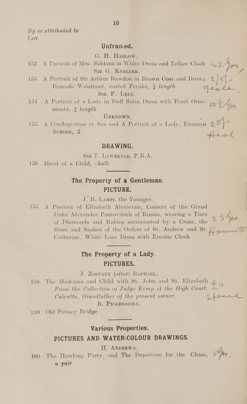 By or attributed to Lor Unframed. G. H.. Hartow, 152 A Portrait of Mrs. Siddons in White Dress and Yellow Cloak 4, 4e 4 oe hf Sir G, KNELLER. 4 - ° 4 1° A = 1 asi 153 A Portrait of Sir Arthur Rawdon in Brown Coat and Brown % | i, 2 Brocade Waistcoat, curled Peruke, # length Vie we os Sin P. lumpy, 154 A Portrait of a Lady in Buff Satin Dress with Pearl Orna- te f, 44 Sy ments, } length i yj UNKNOWN. , 155 A Conflagration at Sea and A Portrait of a Lady, Enerisa Q, 6 5 SCHOOL, 2 ] ‘ ( DRAWING. Sir I. Lawrence, P.R.A, 156 Head of a Child, chalk The Property of a Gentleman. PICTURE. J.B. Lames, the Younger. 157 A Portrait of Elizabeth Alexievna, Consort of the Grand Duke Alexander Pantovitsch of Russia, wearing a Tiara mee ee of Diamonds and Rubies surmounted by a Cross, the ™ ~ ic Stars and Sashes of the Orders of St. Andrew and St. Jf bere, = Catherine, White Lace Dress with Ermine Cloak om The Property of a Lady. PICTURES. J. Zorrany (after) Rapuas.. 158 The Madonna and Child with St. John and St, Elizabeth g .. From the Collection of Judge Kemp of the High Court, is Calcutta, Grandfather of the present owner. Q pint R. PICKERSGILL. 159 Old Putney Bridge Various Properties. PICTURES AND WATER-COLOUR DRAWINGS. H. ANDREWS. yy) 160 The Hawking Party, and The Departure for the Chase, 5 ‘/® ; a pair |