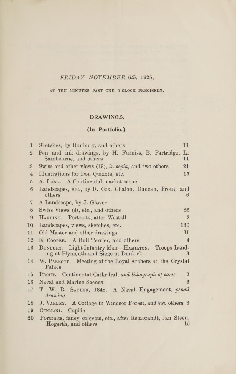 FRIDAY, NOVEMBER Gth, 19285, AT TEN MINUTES PAST ONE O'CLOCK PRECISELY. DRAWINGS. (In Portfolio.) Sketches, by Bunbury, and others 11 Pen and ink drawings, by H. Furniss, B. Partridge, -~Sambourne, and others Swiss and other views (19), in sepia, and two others zi Illustrations for Don Quixote, etc. 15 A. Lone. <A Continental market scene Landscapes, etc., by D. Cox, Chalon, Duncan, Prout, and others 6 A Landscape, by J. Glover Swiss Views (4), etc., and others 26 Harpine. Portraits, after Westall 2 Landscapes, views, sketches, etc. 180 Old Master and other drawings 61 EK. Cooper. A Bull Terrier, and others 4 Bunsury. Light Infantry Man—Hamiuron. Troops Land- ing at Plymouth and Siege at Dunkirk 3 W. Parrott. Meeting of the Royal Archers at the Crystal Palace Prout. Continental Cathedral, and lithograph of same 2 Naval and Marine Scenes 6 T. W. R. Sapuer, 1842. A Naval Engagement, pencil drawing J. Varuey. <A Cottage in Windsor Forest, and two others 3 Cipriani. Cupids Portraits, fancy subjects, etc., after Rembrandt, Jan Steen, Hogarth, and others 15