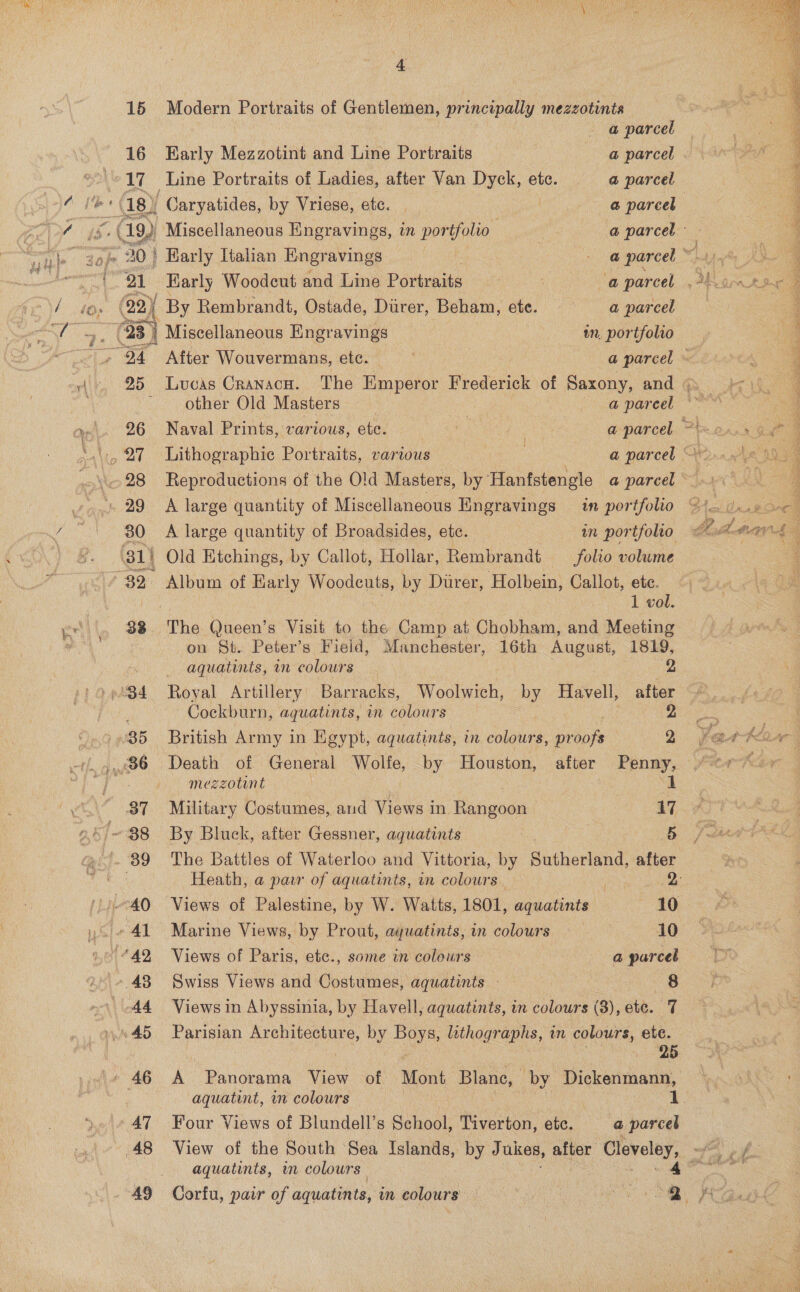 : Me y 15 Modern Portraits of Gentlemen, principally mezzotints aparcel — 16 Early Mezzotint and Line Potties a parcel . 17 Line Portraits of Ladies, after Van Dyck, etc. @ parcel et stil 18) ' Caryatides, by Vriese, etc. a parcel” tax!) Zit. “(ig 19)) Miscellaneous Engravings, in portfolio @ parcel “ibe go 20} Early Italian Engravings a parcel ~ wpe 81 Karly Woodcut and Line Portraits a parcel , cn ae (93) Miscellaneous Engravings tn. portfolio = 94 After Wouvermans, etc. a parcel ~ rl 25 Lucas Cranacn. The Emperor Frederick of Saxony, and @ ' Other Old Masters | a@ parcel 0. y 26 Naval Prints, various, ete. a parcel ~ ‘ ., 27 Lithographic Portraits, various a parcel ~~ 28 Reproductions of the Old Masters, by Hanfstengle a parcel © - 29° A large quantity of Miscellaneous Kngravings in portfolio y 30 A large quantity of Broadsides, ete. in portfolio 31) Old Etchings, by Callot, Hollar, Rembrandt folio volume 32 Album of Karly Weeden tes by Durer, Holbein, Callot, ete. 7 a : 1 wo yr» 38 The Queen’s Visit to the Camp at Chobham, and Meeting 3 | on St. Peter’s Field, Manchester, 16th August, 1819, . aquatints, in colours 2 34 Royal Artillery Barracks, Woolwich, by Havell, after Cockburn, aquatints, in colours 2 /85 British Army in Egypt, aquatints, in colours, pr oe 2 86 Death of General Wolfe, by Houston, after mezzotint 1 87 Military Costumes, and Views in Rangoon 17 ~ 38 By Bluck, after Gessner, aquatints 5 . 89 The Battles of Waterloo and Vittoria, by dichorland after Heath, a parr of aquatints, in colours. aaa AO Views of Palestine, by W. Watts, 1801, aquatints 10 »41 Marine Views, by Prout, ayuatints, in colours — 10 (“42 Views of Paris, etic., some in colours a parcel 43 Swiss Views and Costumes, aquatints - 8 »\ 44 Views in Abyssinia, by Havell, aquatints, in colours (8), etc. 7 ye 45 ‘eran heres by oe lathogr aphs, im colours, . : » 46 A Panorama View of Mont ‘Blane, by Dickenmann, aquatint, in colours 47 Four Views of Blundell’s School, Tiverton, ete. a parcel 48 View of the South Sea Islands, by Jukes, after Cleveley, =f aquatints, in colours sitet 49 Corfu, pair of aquatints, in colours me :  