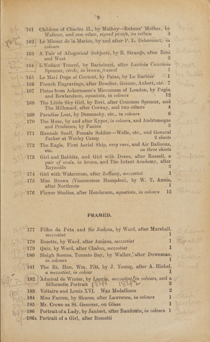 een | 170 ATT 178 180 183 185° Children of Charles te ‘by: Mathey—Rubens’ “Mother, ‘Bh Waltner, and one other, signed proofs,’ on vellum 3 Tie Minuet de la Mariée, by and oe P. Dis Debueourt, an colours : 1 ‘AY Pair of Allegorical Subjects, by BR R. Strange, after Reni and West 2 L’Enfant Trouvé, by Bartolozzi, after Lavinia Honntiss Spencer, circle, in brown, framed 1 Le Mari Dupe et Content, by Patas, by Le Barbier’ &lt;1 French Engravings, after Boucher, Greuze, Aubert, ete. 7 Plates from Ackermann’s Microcosm of London, Dy Ener and Rowlandson, aquatints, in colowrs The Little Shy Girl, by Bovi, after Countess Spencer, a The Milkmaid, after Cosway, and two others — Paradise Lost, by Demouchy, etc., an colours Wor. : The Muse, by and after Kyper, in colours, and Andromeque and Prudence, by Facius — 3 Hannah Snell, Female Soldier—Wolfe, etc., and General Parker at Worley Camp 2 sheets The Hagle, First Aerial Ship, noe rare, and Air Balloons, Shee. on three sheets Girl and Rabbits, ous Girl with Doves, after Russell, a pair of ovals, in. brown, and The Infant Academy, after Reynolds : 3 Girl with Watereress, after Zoffany, mezzotint 1 Miss Brown (Viscountess Hampden), by W. T. ao after Northcote et Flower Studies, after Henderson, aquatints, i colours 15 FRAMED. Filho a Puta and Sir Joshua, by Ward, after ee mezzotant — Rosette, by Ward, after Amicus, mecoune cs eae Quiz, by Ward, after Chalon, mezzotent at 1 Sleigh Scenes, Toronto Bay, by Walker,’ after Downman, in, colours | Ge The Rt. Hon. Wm. Pitt, by J. Young, after se hehe a mezzotint, in colour ‘Adiniral de Winter, by Lepre mezzotint, Fin i and a \/ Silhouette Portrait {© UE ke Voltaire and Louis XVI. Wax Medallions. 2 Miss Farren, by Shures, after Lawrence, in colours 1 Mr. Crewe as St. Genever, on Glass Ean aan |