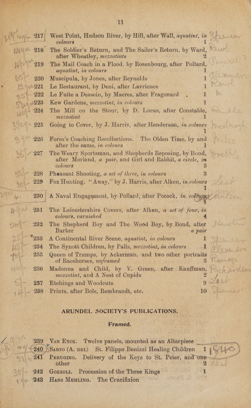 ie Ll } colours 218 The Soldier’s Return, and The Sailor’s etre OY Ward, aquatint, in colours 220 © ©Muscipula, by Jones, after ey ditas J221 Le Restaurant, by Deni, after Lavrience - 292 Le Fuite a Dessein, by Macres, after Fragonard - 223 Kew Gardens, mezzotint, in colours mezzotint ( iL 226 Fores’s Coaching Becdllections: | The Olden Time, by and after the same, zn colowrs - 1 after Moriand, a pair, and Girl and Rabbit, a circle, Mn | colours 298 Pheasant Shooting, a set of three, in colours 5] 229 Fox Hunting. ‘ Away,” by J. Harris, after Ake. in colours 1 Nags » colours, varnished 232 The Shepherd Boy and The Wood Boy, ie Bond, afker 238 Prints, after Bols, Rembrandt, etc. 10 ARUNDEL SOCIETY'S PUBLICATIONS. Framed. 7 239) =~Van Eycx. ‘Twelve panels, mounted as an Altarpiece ped ed pe toe S Barker aa) a pew ~~ *938 A Continental River Seis, aquatint, in colours: 1 934 The Synott Children, by Palls, mezzotint, in colours 1 » 235 Queen of Trumps, by Ackerman, and two other portraits - of Racehorses, unframed | ivi ‘-286 Madonna and Child, by V. Green, after Kauffman, | mezzotint, and A Nest of Cupids 2 987 Etchings and Woodeuts | pene 9 od 242 Gozzour. Procession of the Three Kings © ee ‘243 Hans Mamita.’ The Crucifixion BOE OGM ote NS