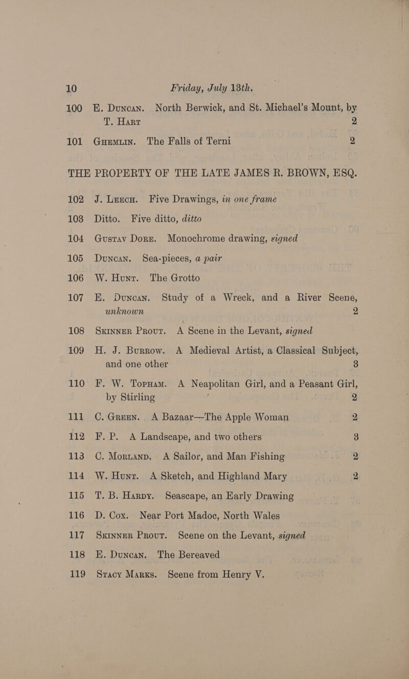 100 101 BE. Duncan. North Berwick, and St. Michael’s Mount, by T. Harr 2, Guemun. The Falls of Terni | Aa 102 103 104 105 106 107 108 109 110 111 112 113 114 115 116 117 118 119 J. Luncu. Five Drawings, in one frame Ditto. Five ditto, ditto Gustav Dorr. Monochrome drawing, signed Duncan. Sea-pieces, a pair W. Hunt. The Grotto K. Duncan. Study of a Wreck, and a River Scene, unknown | 2 SKINNER Prout. A Scene in the Levant, signed H. J. Burrow. A Medieval Artist, a Classical Subject, and one other 3 F. W. Toruam. A Neapolitan Girl, and a Peasant Girl, by Stirling 2 C. Green. A Bazaar—-The Apple Woman | 2 IF’. P. A Landscape, and two others 3 C. Mornanp. A Sailor, and Man Fishing | 2 W. Hon. A Sketch, and Highland Mary | 2 T. B. Harpy. Seascape, an Karly Drawing D. Cox. Near Port Madoc, North Wales Skinner Provt. Scene on the Levant, signed K. Duncan, The Bereaved Stacy Marks. Scene from Henry V.