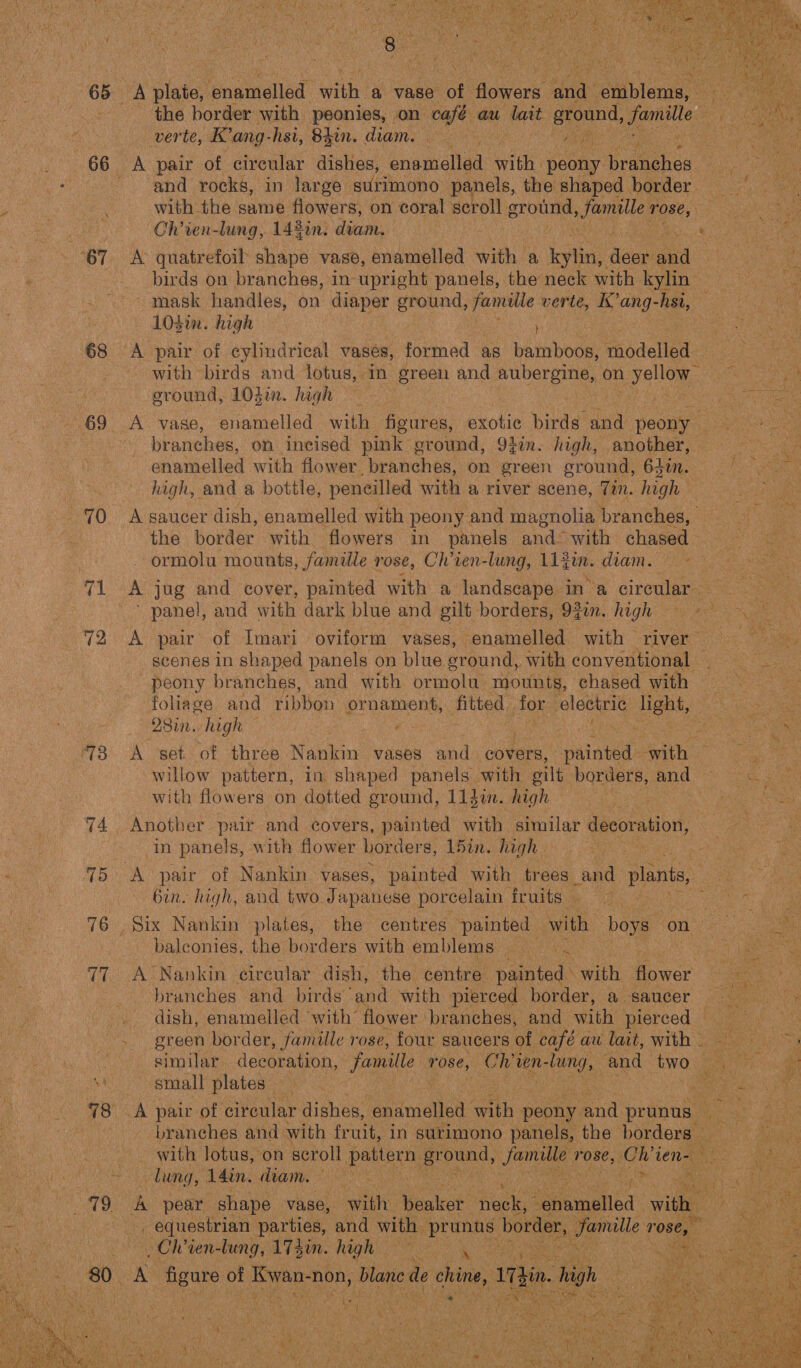 65 66 68 69 70 71 72 73 74 75 76 77  + verte, K’ang-hsi, 84in. diam. — &amp; li | “ * Ch’ien-lung, 143in. diam. 103i. high } sround, 10din. high A pair of Imari oviform vases, — + 28in. high — ° with flowers on dotted ground, 11a. hi gh Gin. high, and two Japanese porcelain ir balconies, the borders with emblems uits ae.’ small plates lung, 14in. diam.) _ Clien-lung, 1Tgin. high toey cee aN figure of Ryan non, Blane de chine, im 2 in high      