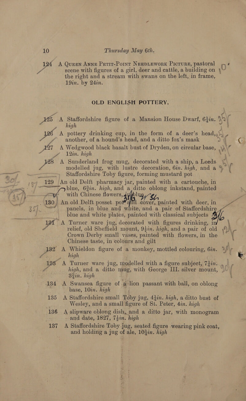 lad A Quren ANNE Petit-Point Nespieworxk Picturs, pastoral 0! f scene with figures of a girl, deer and cattle, a building on \ the right and a stream with swans on the left, in frame, — 19in. by 24en. OLD ENGLISH POTTERY. cs ix Staffordshire figure of a Mansion House Dwarf, 64in. nh f high ; pos A pottery drinking cup, in the form of a deer’s head,,\~ Pa another, of a hound’s head, and a ditto fox’s mask ms Ci. Por A Wedgwood black basalt bust of Dryden, on circular base, .\)\“ gee 12in. high , 8 A Sunderland frog mug, decorated with a ship, a Leeds 4 ae modelled jug, with lustre decoration, 6in. high, and a *)” : — ———-» Staffordshire Toby figure, forming mustard pot ; 129 An old Delft pharmacy jar, painted with a cartouche, in &lt;&lt;: je blue, 62in. high, and a.ditto oblong inkstand, painted | Ts i 3 Yom cet Chinese flowers, l : -, 130) An old Delft posset vod cover, painted with deer, in | ee dS panels, in blue and white, and a pair of Staffordshire blue and white plates, painted with classical subjects “at 1gf A Turner ware jug, decorated with figures drinking, 7 relief, old Sheftield mount, 937m. high, and a pair of old \°) Crown Derby small vases, painted with flowers, in the ~ &lt;A) % ‘ 3 ¥ Chinese taste, in colours and gilt ‘ 132 A Whieldon figure of a monkey, mottled colouring, 6in. 4, ra _ high i e 138° A Turner ware jug, modelled with a figure subject, Thin: ACER high, and a ditto TRAE, with George III. silver mount, B3in. high 184 A Swansea figure of. ae Mion passant with ball, on oblong . _ base, 1Oi. high 4 135 A Staffordshire small Toby j jug, 4tin. high, a ditto bust of Wesley, and a small figure of St. Peter, 4in. high 136 A slipware oblong dish, and a ditto jar, with monogram - and date, 1827, Thin. “high 187. A Staffordshire Toby jug, seated figure wearing pink coat, and holding a Jug ¢ o ale, 104in. high