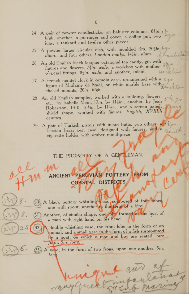 6 24 A pair of pewter candlesticks, on baluster columns, 83in. ; L high, another, a porringer and cover, a coffee pot, two “7 © jugs, a tankard and twelve other pieces. : / 25 A pewter larger circular dish, with moulded rim, 204in. 64 diam., and four others, London marks, |4@in. diana: (ff ae NPP 26 An old English black lacquer octagonal tea caddy, gilt with |, F figures and flowers, 7zin. wide, a workbox with mother- ° 2). o’-pearl fittings, 84in. wide, and another, inlaid. Lhe-vto Aa ee 27. A French mantel clock in ormolu case, ornamented with a 2 4 ficure of Madame de Staél, on white marble base with / | s chased mounts, 20in. high. aA Ate 28 An old English sampler, worked with a building, flowers, .- / etc., by Isabella Mein, |7in. by | 14in., another, by Jean 9 L Robertson, 1810, l6lin. by Il4in., and a screen pang, @ Se shield shape, worked with figures, English, XVIHth @ 2 century. : 29 A pair of Turkish pistols with inlaid butts, two others, a y= Persian brass pen case, designed with figures, and: : cigarette holder with amber mouthpiece. Me™ ;      a) ies  THE PROPERFY OF A GENTLEMAN. DF a Veg  BS hae         RUVIAN POTTERY FROM =~ SPAL DISTRIGTS. : :  . MiG B0 A black pottery whistling ASC, «CO — one with spout, anotheriin theyforni ‘ot vy ai’ } O e ° - 2 2g \\ rj O- 61)| Another, of similar shape, oneglob¢é form nana” i é a man with right hand on his head.       double whistling vase, the front lobe in the form of an animal, and a small vasejnthe for of a fish surmounted yy a boat, on wh ich ‘a man and boy are seated, rare _ . . PRS. ee oo in the form of two frogs, upon one another, 5in. Nee SMI 1 Pe ac cain’ 
