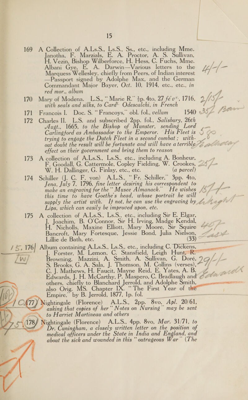 169 A Collection of A.Ls.S., Ls.S., Ss., etc., including Mme. Janotha, F. Marzials, E. A. Proctor, A. S. Sullivan, H. Vezin, Bishop Wilberforce, H. Hess, C. Fuchs, Mme. oy Albani Gye, E. A. Darwin—Various letters to the 4e/-/ —_ Marquess Wellesley, chiefly from Peers, of Indian interest , —Passport signed by Adolphe Max, and the German Commandant Major Bayer, Oct. 10, 1914, etc., etc., in red mor., album ,A 170. Mary of Modena. L.S., “ Marie R.” 4p. 4to, 27 fév™, 1716, 3 U5 i with seals and silks, to Card’: Odescalchi, in French i | hod i f o 4 171 Francois I. Doc. S. “Francoys,” obl. fol., vellum 1540 o2I4 SA 172. Charles II. L.S. and subscribed 2pp. fol., Salisbury, 26th Aust., 1665, to the Bishop of Munster, sending Lord ,.. Carlingford as Ambassador to the Emperor. His Fleet is } (A trying to engage the Dutch Fleet in a second combat; with- we J out doubt the result will be fortunate and will have a terrible“? we. effect on their government and bring them to reason - 173 Acollection of A.Ls.S., Ls.S., etc., including A. Bonheur, |.» Goodall, G. Cattermole, Copley Fielding, W. Crookes, Jad -« W. H. Dallinger, G. Finlay, etc., etc. (a parcel) ; 174 Schiller (J. C. F. von) A.L.S., “Fr. Schiller,” 3pp. 4to, Jena, July 7, 1796, fine letter desiring his correspondent to , . / make an engraving for the ‘‘ Musee Almanack.’ He wishes (£4 (gy ~ this time to have Goethe's head, whose portrait he will ee supply the artist with. If not, he can use the engraving by_ 6. ¢@ Lips, which can easily be improved upon, etc. | 175 A collection of A.Ls.S., Ls.S., etc., including Sir E. Elgar, . Joachim, B. O'Connor, Sir H. Irving, Madge Kendal, , _ &amp; H. Nicholls, Maxine Elliott, Mary Moore, Sir Squire ““ / Bancroft, Mary Fortesque, Jessie Bond, Julia Nielson, ~~. 9\“ Lillie de Bath, etc. 33) o* 15, 176] Album containing A.Ls.S., Ls.S., etc., including C. Dickens, eee —— J. Forster, M. Lemon, C. Stansfield, Leigh Hunt,“ R™ ea he oa LW/ Browning, Mazzini, A. Smith, A. Sullivan, G. Doré, LG/- fae S. Brooks, G. A. Sala, J. Thomson, M. Collins (verses), *” // C. J. Mathews, H. Faucit; Mayne Reid, E. Yates, A.B. .2 , _2¢t Edwards, J pak: McCarthy, Fe Maspero, C. Bradlaugh and’ 4: ae  also Orig. MS. Chapter IX. “ The First Year of eo Empire, by B. Jerrold, 1877, Ip. fol. (71) Niebingae (Florence) A.L.S., 2pp. 8vo, Api. 20/61, 4“ asking that copies of her“ Notes on Nursing’ may be sent LN to Harriet Martineau and others — . 178) ightingale (Florence) A.L.S., 4pp. 8vo, Mar. 31/71, to met Dr. Cuningham, a closely written letter on the position of medical officers under the State in India and England, and about the sick and wounded in this “‘ outrageous War” (The  