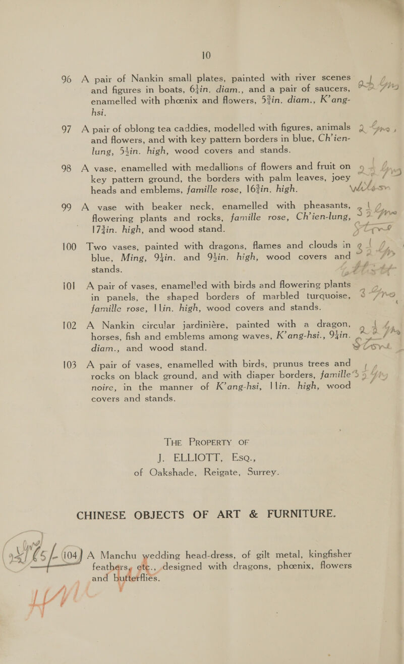 96 A pair of Nankin small plates, painted with river scenes _ | and figures in boats, 6}in. diam., and a pair of saucers, os enamelled with phoenix and flowers, 5#in. diam., K’ang- hsi, 97. A pair of oblong tea caddies, modelled with figures, animals Q. Grea and flowers, and with key pattern borders in blue, Ch’ien- lung, 54in. high, wood covers and stands. 98 A vase, enamelled with medallions of flowers and fruit on 9 . Pie A ° ° ot fF key pattern ground, the borders with palm leaves, joey =)“ heads and emblems, famille rose, |6%in. high. Atke-sv 99 A vase with beaker neck, enamelled with pheasants, 34 2 flowering plants and rocks, famille rose, Ch’ien-lung, a 173in. high, and wood stand. Vt rw 100 Two vases, painted with dragons, flames and clouds in 2 4 as blue, Ming, 91in. and 94in. high, wood covers and ~  fo stands. es Mee 101. A pair of vases, enamelled with birds and flowering plants &gt; in panels, the shaped borders of marbled turquoise, © ~//*© famille rose, \lin. high, wood covers and stands. f 102 A Nankin circular jardiniére, painted with a dragon, 2 se horses, fish and emblems among waves, K’ang-hsi., ioe De —- My Usy£ diam., and wood stand. ~ wf — 103. A pair of vases, enamelled with birds, prunus trees and | rocks on black ground, and with diaper borders, famille“ 5 “Yiy noire, in the manner of K’ang-hsi, |lin. high, wood ? eovers and stands. THE PROPERTY OF J... ELLIOE Be, Eso: of Oakshade, Reigate, Surrey. CHINESE OBJECTS OF ART &amp; FURNITURE.  - (104) A Manchu wedding head-dress, of gilt metal, kingfisher ig feathers A Acne! with dragons, phcenix, flowers and butterflies. | 4 ffhe 3 wf #