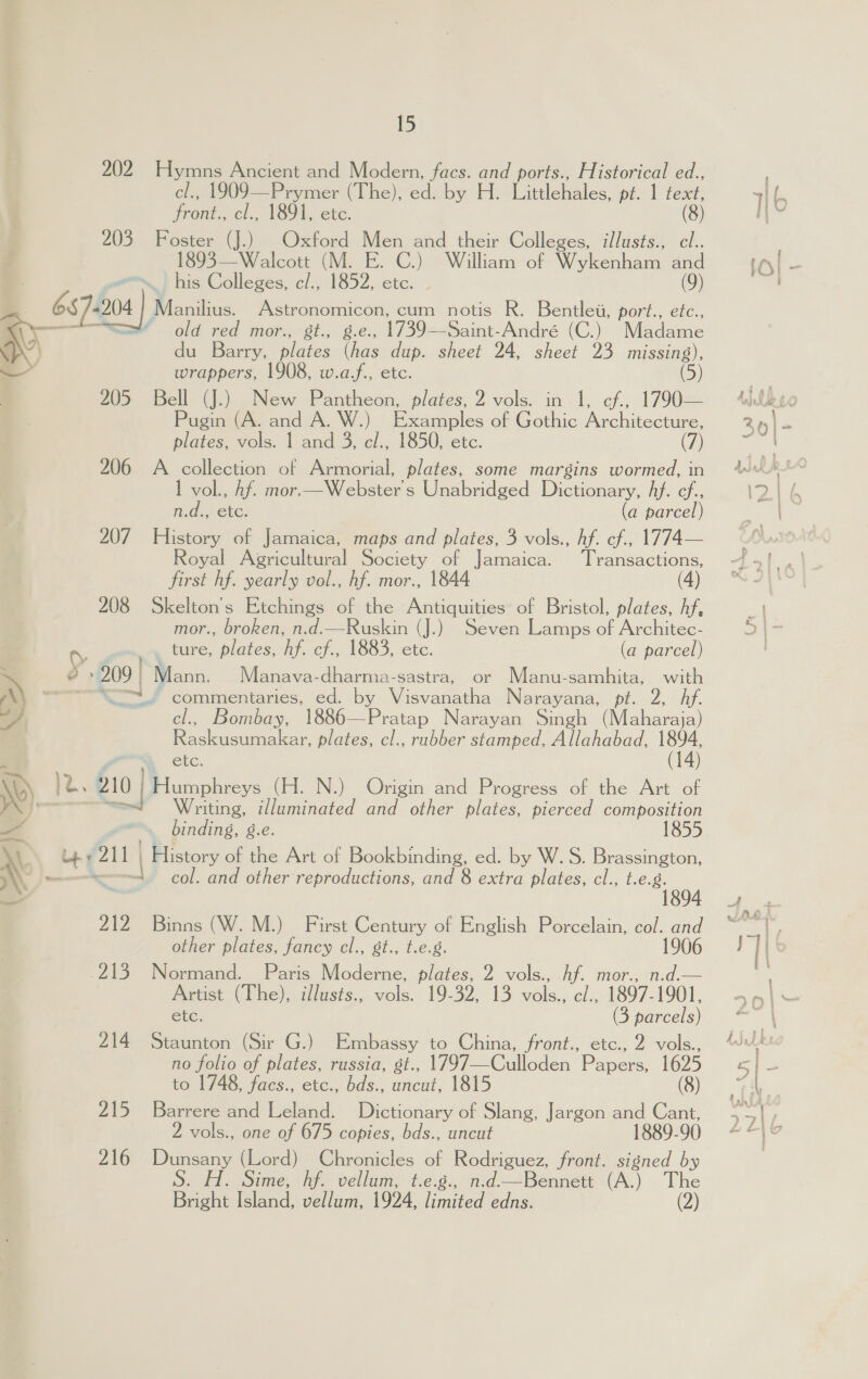 ——— al ey ar we ; 15 202 Hymns Ancient and Modern, facs. and ports., Historical ed., cl., 1909—Prymer (The), ed. by H. Lindlelisles pt. | text, ane cl., 1891, ete. (8) 203 aes (J.) Oxford Men and their Colleges, illusts., cl.. 893—Walcott (M. E. C.) William of esas and his Colleges, cl, 1852, etc. (9) old red mor., &amp;t., 17302 sSamte Andre (Co) Madame du Barry, ploies ie dup. sheet 24, sheet 23 missing), wrappers, 1908, w.a.f., etc. (5) 205 Bell (J.) New Pantheon, plates, 2 vols. in 1, cf., 1790— Pugin (A. and A. W.) Examples of Gothic Architecture, plates, vols. 1 and 3, cl., 1850, etc. (7) 206 A collection of Armorial, plates, some margins wormed, in vol., hf. mor.—Websters Unabridged Dictionary, Af. cf., n.d., etc. (a parcel) 207 History of Jamaica, maps and plates, 3 vols., hf. cf., 1774— Royal Agricultural Society of Jamaica. Transactions, first hf. yearly vol., hf. mor., 1844 208 Skelton’s Etchings of the Antiquities of Bristol, plates, hf, mor., broken, n.d.—Ruskin (J.) Seven Lamps of Architec- ture, plates, hf. cf., 1883, etc. (a parcel) ’ +209} Mann. Manava-dharma-sastra, or Manu-samhita, with ~~ commentaries, ed. by Visvanatha Narayana, pt. 2, Af. cl., Bombay, 1886—Pratap Narayan Singh (Maharaja) Raskusumakar, plates, cl., rubber stamped, Allahabad, e Ste. 210 Humphreys (H. N.) Origin and Progress of the Art of ~~ Writing, illuminated and other plates, pierced composition binding, g.e. 1855 ai ‘ 211 | | P Plstory of the Art of Bookbinding, ed. by W.S. Brassington, ~— = 1 col. and other reproductions, and 8 extra plates, cl., t.e. aa 212 Binns (W.M.)_ First ‘ies of English Porcelain, col. and other plates, fancy cl., st., t.e.g. ca -213, Normand. Paris Moderne, plates, 2 vols., Af. m | Artist (The), i/lusts., wile: 19-32, 13 le, Gly, 1807. “O01, etc. (3 parcels) 214 Staunton (Sir G.) Embassy to China, frent., €tc., 2 ‘vols., no folio of plates, russia, st., 1797— Calleden Papers 1625 to 1748, facs., etc., bds., uncut, 1815 (8) 215 Barrere and Leland. Dictionary of Slang, Jargon pas Cant, 2 vols., one of 675 copies, bds., uncut 1889-90 216 Dunsany (Lord) Chronicles of Rodriguez, front. signed by S. H. Sime, hf. vellum, t.e.g., n.d—Bennett (A.) The