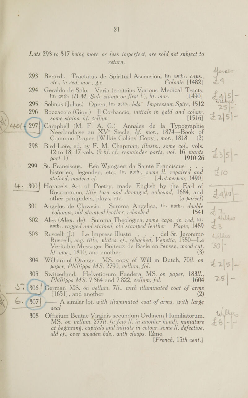 see, AM Lots 293 to 317 being more or less imperfect, are sold not subject to return. 293 Berardi. Tractatus de Spiritual Ascension, lit. goth., caps., etc., in red, mor., 8.e. Colonie [1482] 294 Geraldo de Solo. Varia (contains Various Medical Tracts, fit, goth. (B.M. Sale stamp on first |.), hf. mor. [1490] 295 Solinus (Julius) Opera, tit. sotb., bds. Impressum Spire, 1512 296 Boccaccio (Giov.) Il Corbaccio, initials in gold and colour, some stains, hf. vellum [1516] ( 297 } Campbell (M. F. A. G.) Annales de la Typographie ——j' Neéerlandaise au XV° Siecle, Af. mor., 1874—Book of Common Prayer ones Collins Oe eae mor., 1818 = (2) 298 Bird-Lore, ed. by F. M. Chapman, illusts., some col., vols. 12 to 18, 17 ati (9 he cf., remainder parts, vol. 16 wants part 1) 1910-26 299 St. Franciscus. Een Wyngaert da Sainte Franciscus . . historien, legenden, etc., lit. goth., some Il. repaired re stained, modern cf. [Antwerpen, 1490] uf 300 Horaces Art of Poetry, made English by the Earl of Roscommon, title torn and damaged, unbound, 1684, and    columns, old stamped leather, rebacked 1541 302 Ales (Alex. de) Summa Theologica, some caps. in red, lit. goth., ragged and stained, old stamped leather Papie, 1489 303 Ruscelli (J.) Le Imprese Illustri ,. del Sr. Jeronimo | Ruscelli, eng. title, plates, cf., ached. Venetia, 1580—Le Veritable Messager Boiteux de Basle en Suisse, wood-cut, hf. mor., 1810, and another 304 William of Orange. MS. copy of Will in Dutch, 7O//. on paper, Phillipps MS. 2790, vellum, fol. 09 Switzerland. Helvetiorum Faedera, MS. on paper, 183/1., grmne Phillipps MS. 7,364 and 7,822, vellum, fol. 1604 German MS. on vellum, 7Il., with illuminated coat of anes (1651], and another   seal 308 Officium Beatae Virginis secundum Ordinem Humiliatorum, MS. on vellum, 27711. (a few Il. in another hand), miniature at beginning, capitals and initials in colour, some Il. defective, old cf., over wooden bds., with clasps, 12mo [French, 15th cent.|