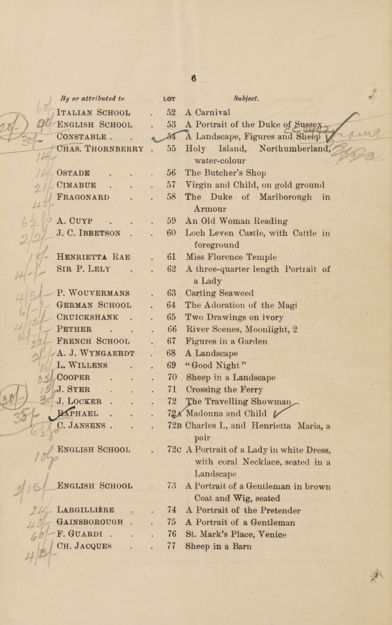 NT ITALIAN SCHOOL yyf. ) QO-ENGLIsH SCHOOL i} f 4 = el Og CONSTABLE . OSTADE . CIMABUE |) FRAGONARD > A. CUYP J. C. IBBETSON 'g- FENRIETTA RAE Sir P. LELY i | _- P. WOUVERMANS _/ GERMAN SCHOOL ~ | CRUICKSHANK |_ PETHER »2/~ FRENCH SCHOOL »)_|/A. J. WYNGAERDT ~)(/ L, WILLENS | sf COOPER / WS . SYER $vJ. LOCKER  »| =) ENGLISH SCHOOL 7 /. LARGILLIBRE >) GAINSBOROUGH . 4 F, Q@UARDI | CH. JACQUES D2 53 ays) 56 ot D8 og 60 61 62 A Carnival A Portrait of the Duke of =p.¢ A Landscape, Figures and She water-colour The Butcher’s Shop Virgin and Child, on gold ground The Duke of Marlborough in Armour An Old Woman Reading Loch Leven Castle, with Cattle in foreground Miss Florence Temple A three-quarter length Portrait of a Lady Carting Seaweed The Adoration of the Magi Two Drawings on ivory River Scenes, Moonlight, 2 Figures in a Garden A Landscape “Good Night” Crossing the Ferry Madonna and Child pair 73 74 75 76 7 with coral Necklace, seated in a Landscape A Portrait of a Gentleman in brown Coat and Wig, seated A Portrait of the Pretender A Portrait of a Gentleman St. Mark’s Place, Venice Sheep in a Barn  /