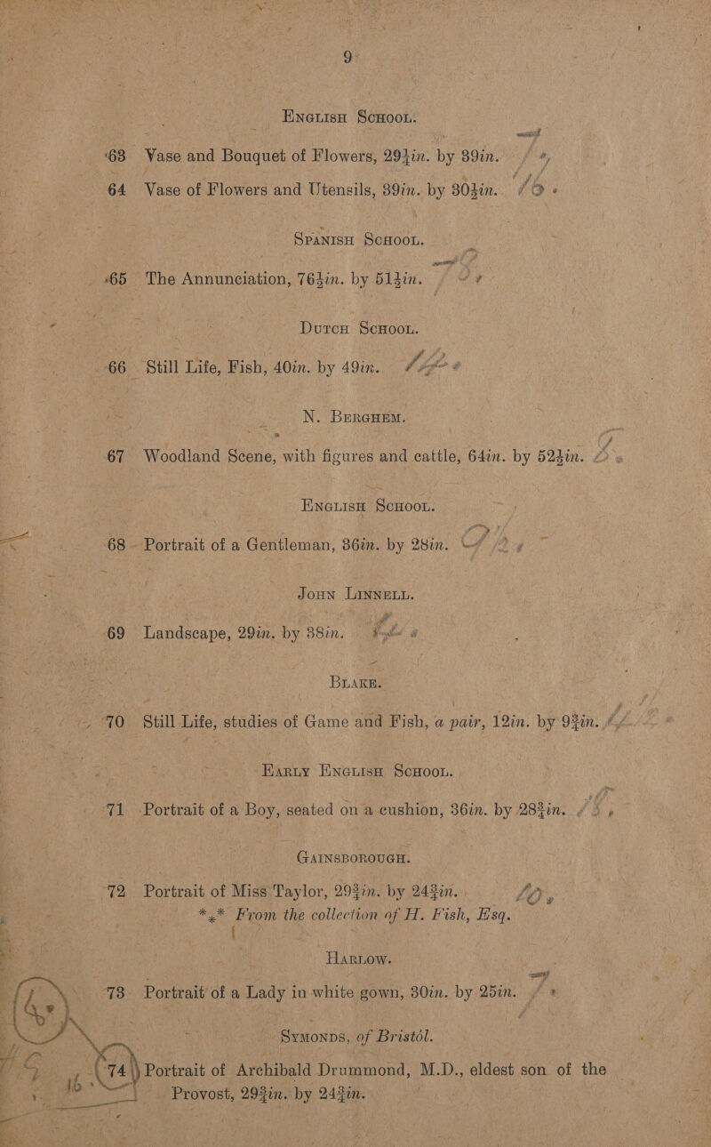 64 65 66 67 69 AAO wal aaa: {4 78 AS Qa ’ ao aK | roe i 3 74 &amp; 1b. : t Bete ae ae a EneuisH ScHoon. j worse Vase of Flowers and Utensils, 391m. by 80din.. / D « SpaNnisH ScaHoou. Dutrcu ScHoon. ye Benanem. a’: Woodland pone with figures and cattle, 64in. by 524in. 2 ENGLISH nny JoHN LINNELL. Landscape, 29in. by 88in. Fy on BuaAkk&amp;. Karuy Eneuish ScHoon. Portrait of a Boy, seated on a cushion, 36in. by 2840n. Ve GAINSBOROUGH. Portrait of Miss Taylor, 293in. by 248in. Le . *,* From the collection of H. Fish, Esq. Harnow. ay Portrait of a Lady in white gown, 30in. by 25in. if * ey Veumonbés of Bristol. Portrait of Archibald Deauiond, M.D., eldest son of the _ Provost, 29200. tas 2420. !