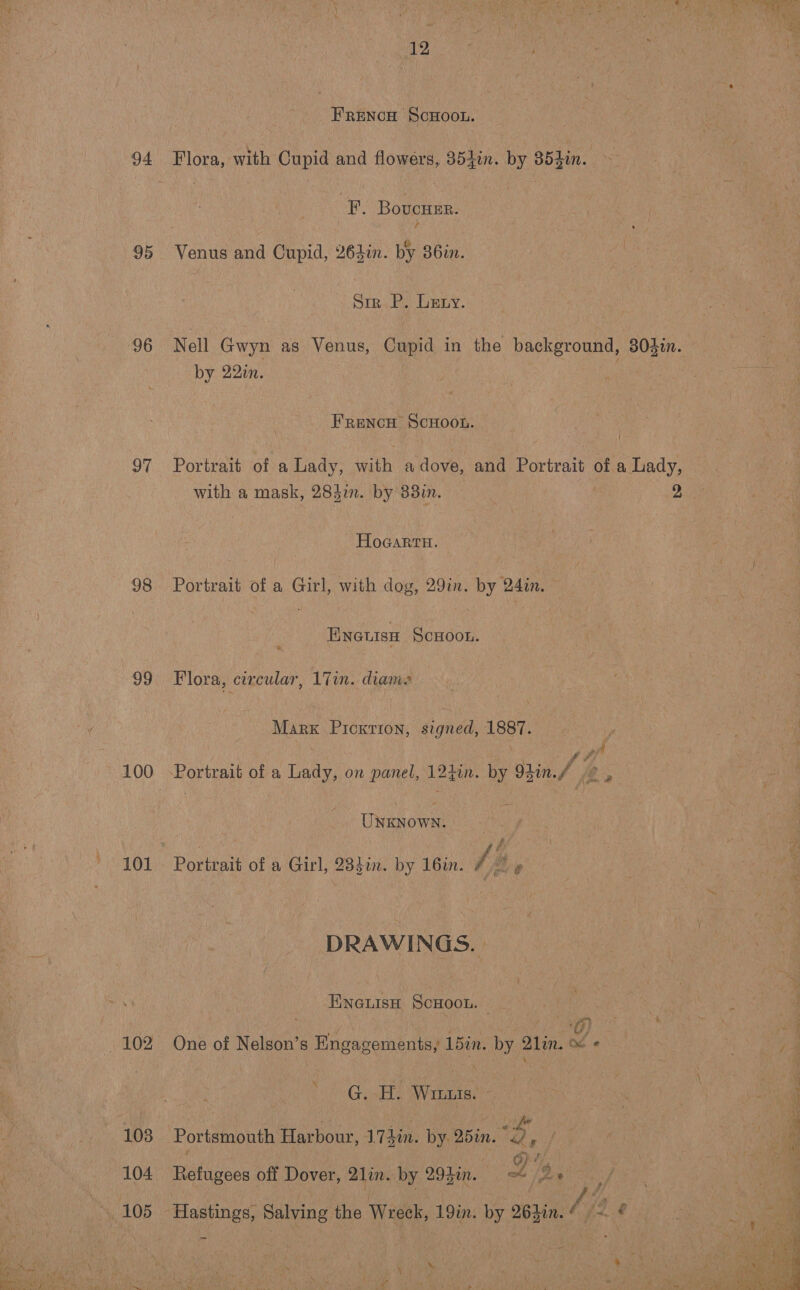 95 ‘96 97 98 oy 100 101 ‘peewee g FRENCH ScHOOL. Flora, with Cupid and flowers, 354in. by 854in. | : P. Bovcuzr. Venus and Cupid, 264in. by 36in. Sin Po omy. Nell Gwyn as Venus, Cupid in the background, 804in. by 22in. Frencu ScHoon. { Portrait of a Lady, with a dove, and Portrait of a Lady, with a mask, 2837. by 33%. 2 HoaGartu. Portrait of a Girl, with dog, 29in. by 24in. | TineuisH ScHoon. Flora, circular, 17in. diane Marx Picxrion, signed, 1887. . ; UNKNOWN. 2 x DRAWINGS. ENGLISH ScHOOL. — “oO One of Nelson’s Engagements, 15in. by 2lin. Oe G. H. Wits. © Portsmouth Harbour, 174in. by 25in. i | nner off Dover, 2lin. by 293in. RY i ey Hastings, Salving the Wreck, 19in. by 262in. f je _ cae A yak 