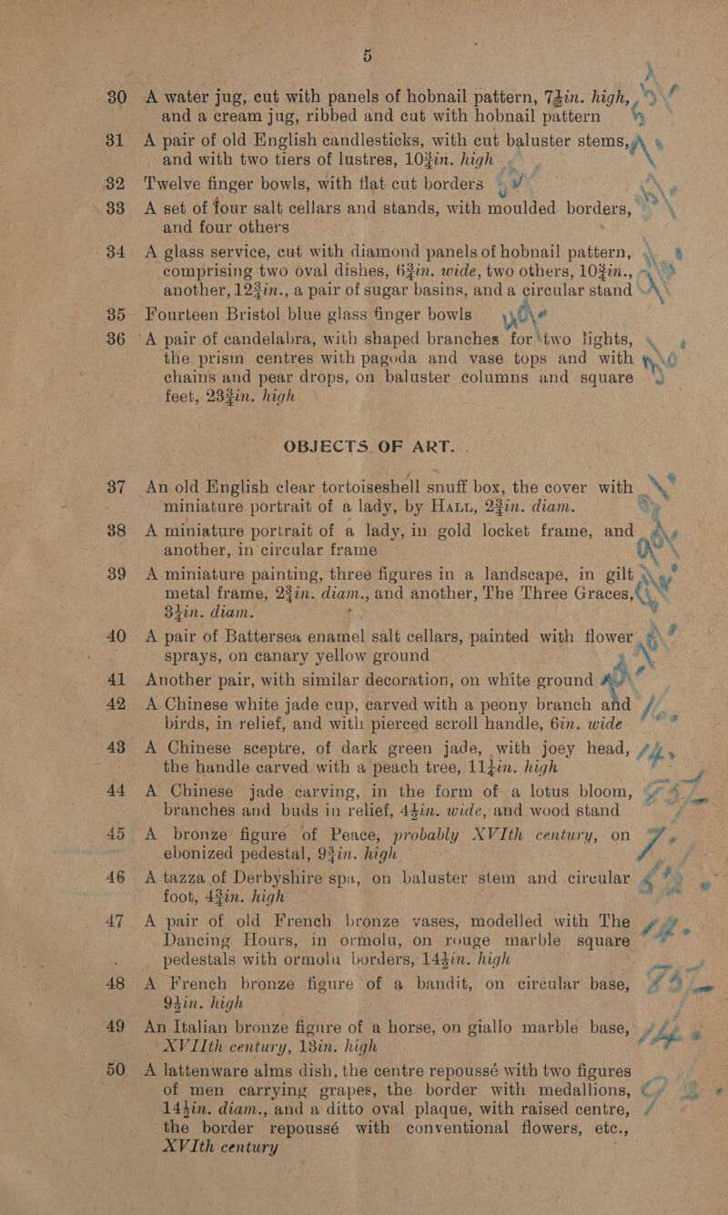 ol 82 38 34 85 36 5 A water jug, cut with panels of hobnail pattern, 7Ain. high, , and a cream jug, ribbed and cut with hobnail pattern A \y ? and with two tiers of lustres, 103in. high. ro Twelve finger bowls, with flat cut borders ce ; and four others A glass service, cut with diamond panels of hobnail pattern, Fourteen Bristol blue glass finger bowls _ , i eo the prism centres with pagoda and vase tops and with chains and pear drops, on baluster columns and square feet, 23¢in. high OBJECTS. OF ART. An old English clear tortoiseshell seit box, the cover aan miniature portrait of a lady, by Haun, 24%. diam. ‘NC eh. ye another, in circular frame A miniature painting, three figures in a landscape, in gilt ¢ metal frame, 2377. ge , and another, The Three Graces,’ dtin. diam. sprays, on canary yellow ground  Another pair, with similar decoration, on white ground &amp;. A Chinese white jade cup, carved with a peony branch . birds, in relief, and with pierced scroll handle, 6in. wide A Chinese sceptre, of dark green jade, with joey head, the handle carved with a peach tree, Llgin. high branches and buds in relief, 44in. wide, and wood stand ? Z A bronze figure of Peace, probably XVIth century, on ebonized pedestal, 947. high foot, 43in. high A pair of old French bronze vases, modelled with The Dancing Hours, in ormolu, on rouge marble square pedestals with ormolu borders, 144i. high A French bronze figure of a ae on circular base, 94in. high An Italian bronze figure of a horse, on giallo marble base, XVITth century, 138in. high A lattenware alms dish, the centre repoussé with two figures of men carrying grapes, the border with medallions, 143in. diam., and a ditto oval plaque, with raised centre, the border | repoussé with conventional flowers, etc. fs XVIth century | $ \ so eo 2 Ae Pf tie # # x mt