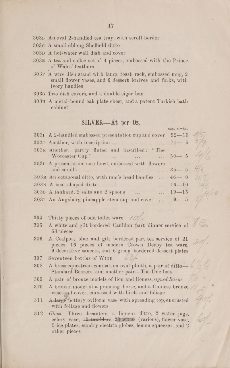  17 303n Anoval 2-handled tea tray, with scroll border 303c A small oblong Sheffield ditto 303p A hot-water well dish and cover 303k A tea and coffee set of 4 pieces, embossed with the Prince of Wales’ feathers 303Fr A wire dish stand with lamp, toast rack, embossed mug, 2 small flower vases, and 6 dessert knives and forks, with ivory handles 303a Two dish covers, and a double cigar box 303H A metal-bound oak plate chest, anda patent Turkish bath cabinet SILVER—At per Oz. ozs. dwts. 3031 A 2-handled embossed presentation cup and cover 92—10 303s Another, with inscription ... .. T1— 5 303K Another, partly fluted and i detiege “The Worcester Cup ” a oe ... 90— 5 303L A presentation rose bow], embossed with flowers and scrolls te a at 2 30— 5 303M An octagonal ditto, with rain’s head handles ... 46— 0 303N A boat-shaped ditto ea san ... 16—10 3030 A tankard, 2 salts and 2 spoons... ye Meee 303p An Augsburg pineapple stem cup and cover... 9-—- 5 ~ 304 Thirty pieces of odd toilet ware /¢ 305 A white and gilt bordered Cauldon part dinner service of 63 pieces 306 A Coalport blue and gilt bordered part tea service of 21 pieces, 16 pieces of modern Crown Derby tea ware, 307 Seventeen bottles of WINE o ifm 308 A brass equestrian combat, on oval plinth, a pair of ditto— - Standard Bearers, and another pair—The Duellists 309 A pair of bronze models of lion and lioness, signed Barye 3lf0 A bronze model of a prancing horse, and a Chinese bronze vase and cover, embossed with birds and foliage Sil As Javet) ottery oviform vase with spreading top, encrusted with fohage and flowers 312 Glass. Three decanters, a liqueur ditto, 2 water jugs, celery vase, LOmtunebters, 2 wities (various), flower vase, 5 ice plates, sundry electric globes, lemon squeezer, and 2 other pieces 