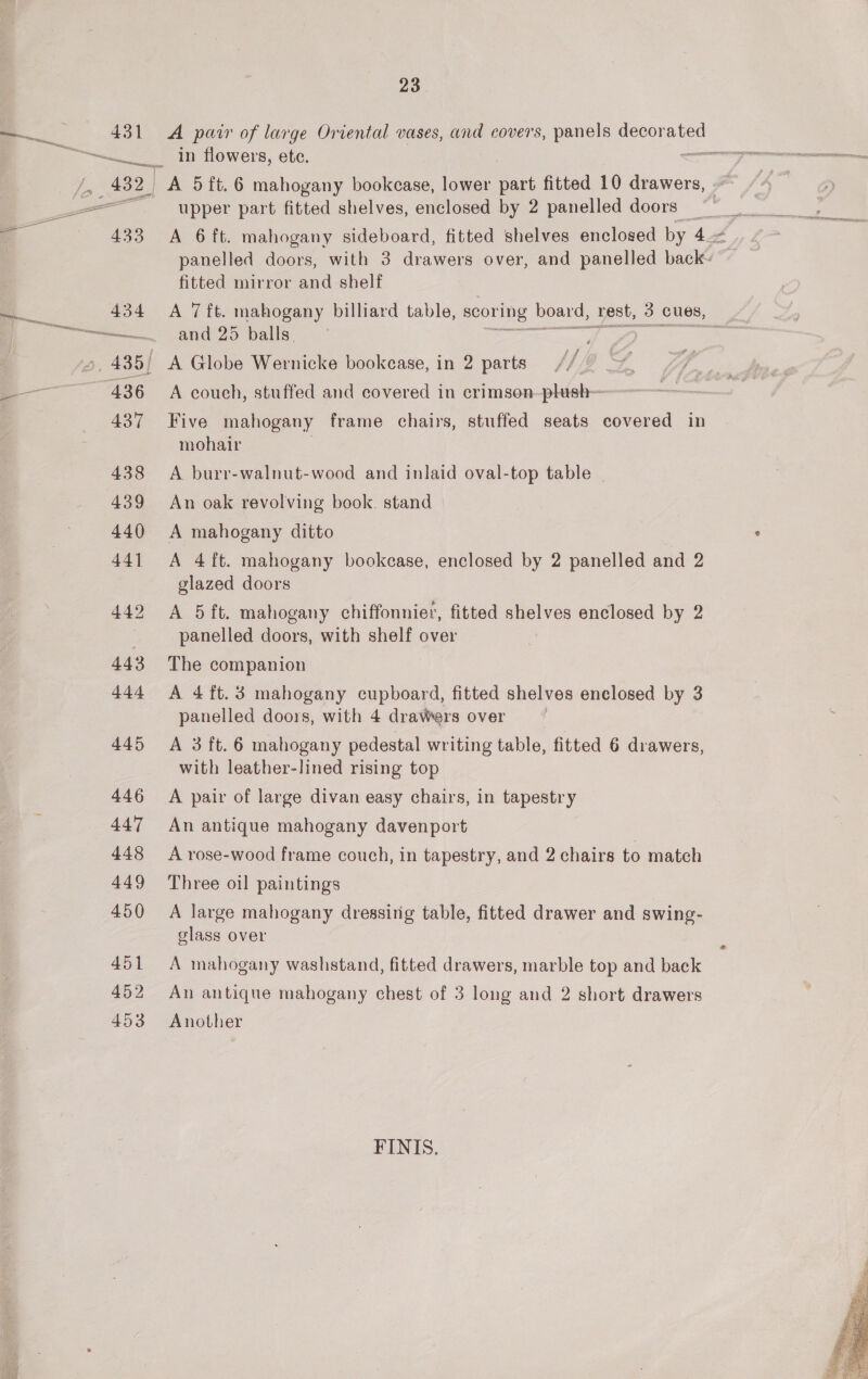  ners 23 A pair of large Oriental vases, and covers, panels decorated upper part fitted shelves, enclosed by 2 panelled doors fitted mirror and shelf A 7 ft. mahogany billiard table, scoring board, rest, 3 cues, and 25 balls. A couch, stuffed and covered in crimson-plush— Five mahogany frame chairs, stuffed seats covered in mohair A burr-walnut-wood and inlaid oval-top table An oak revolving book. stand A mahogany ditto A 4ft. mahogany bookcase, enclosed by 2 panelled and 2 glazed doors A 5ft. mahogany chiffonnier, fitted EME ee enclosed by 2 panelled doors, with shelf over The companion A 4 ft. 3 mahogany cupboard, fitted shelves enclosed by 3 panelled doors, with 4 drawers over | A 3 ft. 6 mahogany pedestal writing table, fitted 6 drawers, with leather-lined rising top A pair of large divan easy chairs, in tapestry An antique mahogany davenport A rose-wood frame couch, in tapestry, and 2 chairs to match Three oil paintings A large mahogany dressing table, fitted drawer and swing- glass over A mahogany washstand, fitted drawers, marble top and back An antique mahogany chest of 3 long and 2 short drawers Another FINIS, 