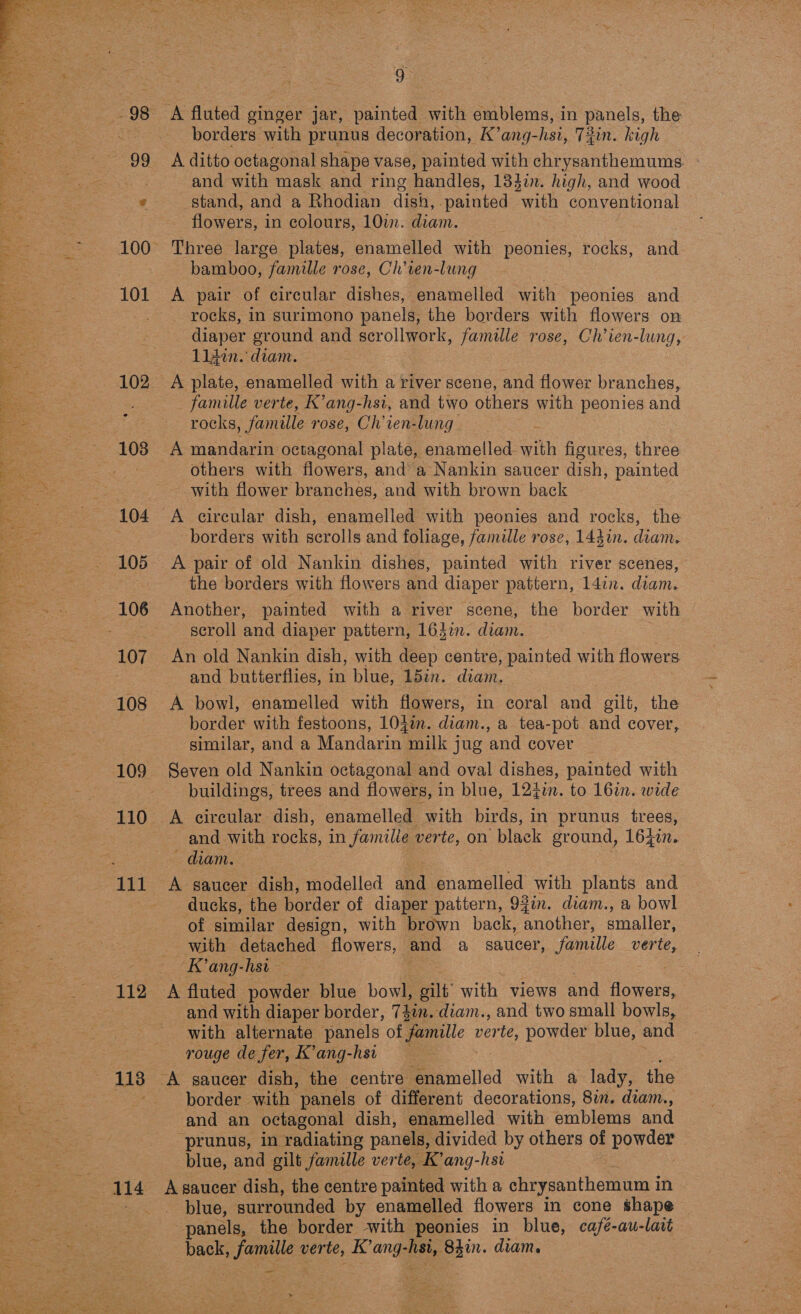 101 102 104 107 108 109 9 borders with prunus decoration, K’ang- -hsi, 73in. kigh A ditto octagonal shape vase, painted with chrysanthemums and with mask and ring handles, 134in. high, and wood stand, and a Rhodian dish, painted a conventional flowers, i in colours, 10. ioe. bamboo, famille rose, Ch’ven-lung 7 A pair of circular dishes, enamelled with peonies and rocks, in surimono panels, the borders with flowers on diaper eround and Ole famille rose, Ch’ien-lung, 11fin.' diam. A plate, enamelled with a river scene, and flower branches, famille verte, K’ang-hst, and two others with peonies and rocks, famille rose, Ch'ven-lung A mandarin octagonal plate, enamelled with figures, three others with flowers, and a Nankin saucer dish, painted with flower branches, and with brown back A circular dish, enamelled with peonies and rocks, the borders with scrolls and foliage, famille rose, 144in. diam. A pair of old Nankin dishes, painted with river scenes, the borders with flowers and diaper pattern, 14in. diam. Another, painted with a river scene, the border with scroll and diaper pattern, 163i. diam. | An old Nankin dish, with deep centre, painted with flowers and butterflies, in blue, 151. diam. A bowl, enamelled with flowers, in coral and gilt, the border with festoons, 104i. diam., a tea-pot and cover, similar, and a Mandarin milk jug and cover Seven old Nankin octagonal and oval dishes, painted with buildings, trees and flowers, in blue, 12zin. to 16in. wide A circular dish, enamelled with birds, in prunus trees, and with rocks, in famille verte, on black ground, 164i. diam. A saucer dish, modelled Ba enamelled with plants and ducks, the border of diaper pattern, 93in. diam., a bowl of similar design, with brown back, another, smaller, with detached flowers, and a saucer, famille verte, K’ang-hst and with diaper border, 74in. diam., and two small bowls, with alternate panels of famille verte, powder blue, and rouge de fer, Kang-hst border with panels of different decorations, 8in. diam., and an octagonal dish, enamelled with emblems and prunus, in radiating panels, divided by others of powder blue, and gilt famille verte, K’ang-hsi A saucer dish, the centre painted with a chrysanthemum in blue, surrounded by enamelled flowers in cone shape panels, the border with peonies in blue, café-au-latt back, ae. verte, Kang- Hae S4in. diam. ~—