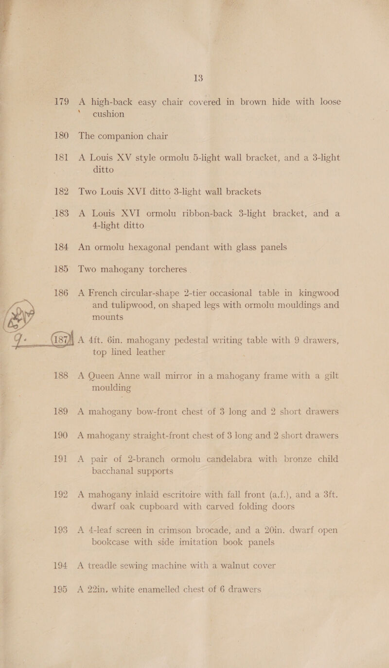   13 A high-back easy chair covered in brown. hide with loose cushion The companion chair A Louis XV style ormolu 5-light wall bracket, and a 3-light ditto Two Louis XVI ditto 3-light wall brackets A Louis XVI ormolu ribbon-back 3-light bracket, and a 4-light ditto An ormolu hexagonal pendant with glass panels A French circular-shape 2-tier occasional table in kingwood and. tulipwood, on shaped legs with ormolu mouldings and mounts 188 133 190 191 195 top lined leather A Queen Anne wall mirror in a mahogany frame with a gilt moulding A mahogany bow-front chest of 3 long and 2 short drawers A mahogany straight-front chest of 3 long and 2 short drawers A pair of 2-branch ormolu candelabra with bronze child bacchanal supports A mahogany inlaid escritoire with fall front (a.f.), and a 3ft. dwarf oak cupboard with carved folding doors A 4-leaf screen in crimson brocade, and a 20in. dwarf open bookcase with side imitation book panels A treadle sewing machine with a walnut cover A 22in. white enamelled chest of 6 drawers