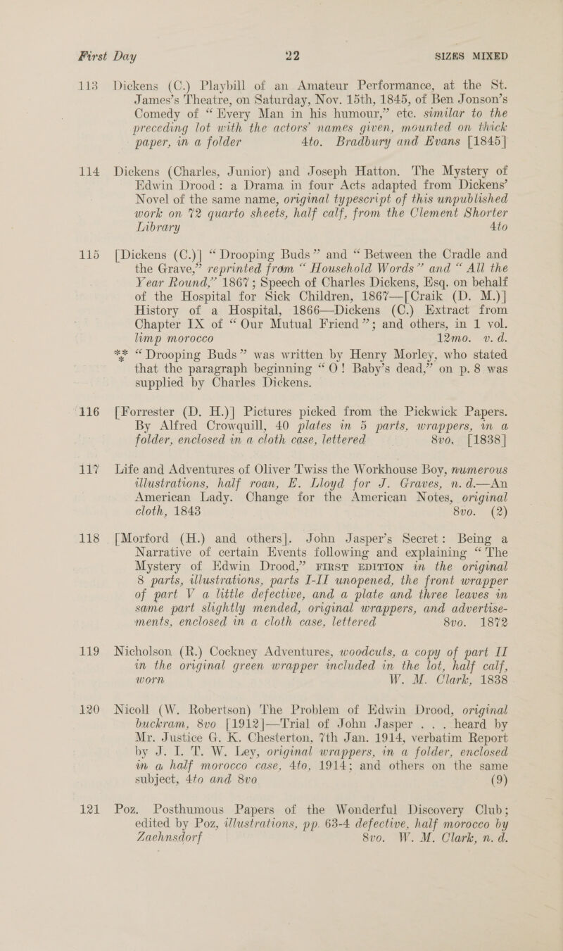 118 Dickens (C.) Playbill of an Amateur Performance, at the St. James’s Theatre, on Saturday, Nov. 15th, 1845, of Ben Jonson’s Comedy of “ Every Man in his humour,” ete. similar to the preceding lot with the actors’ names given, mounted on thick paper, in a folder Ato. Bradbury and Evans [1845] 114 Dickens (Charles, Junior) and Joseph Hatton. The Mystery of Edwin Drood: a Drama in four Acts adapted from Dickens’ Novel of the same name, original typescript of this unpublished work on %2 quarto sheets, half calf, from the Clement Shorter Inbrary Ato 115 [Dickens (C.)| “ Drooping Buds” and “ Between the Cradle and the Grave,” reprinted from “ Household Words” and “ All the Year Round,” 1867; Speech of Charles Dickens, Esq. on behalf of the Hospital for Sick Children, 1867—[Craik (D. M.)] History of a Hospital, 1866—Dickens (C.) Extract from Chapter IX of “ Our Mutual Friend”; and others, in 1 vol. lump morocco 12mo. -v. d. ** “ Drooping Buds” was written by Henry Morley, who stated that the paragraph beginning “ O! Baby’s dead,’ on p. 8 was supplied by Charles Dickens. 116 [Forrester (D. H.)] Pictures picked from the Pickwick Papers. By Alfred Crowquill, 40 plates in 5 parts, wrappers, wm a folder, enclosed in a cloth case, lettered | 8vo. [1838] 117% Life and Adventures of Oliver Twiss the Workhouse Boy, numerous illustrations, half roan, E. Lloyd for J. Graves, n.d—An American Lady. Change for the American Notes, original cloth, 1848 , 8v0. (2) 118 [Morford (H.) and others]. John Jasper’s Secret: Being a Narrative of certain Events following and explaining “ The Mystery of Edwin Drood,’ FIRST EDITION in the original 8 parts, ilustrations, parts I-II unopened, the front wrapper of part V a little defective, and a plate and three leaves in same part slightly mended, original wrappers, and advertise- ments, enclosed in a cloth case, lettered 8vo. 1872 119 Nicholson (R.) Cockney Adventures, woodcuts, a copy of part II im the original green wrapper included in the lot, half calf, worn W. M. Clark, 1838 120 Nicoll (W. Robertson) The Problem of Edwin Drood, original buckram, 8vo [1912|—Trial of John Jasper .. . heard by Mr. Justice G. K. Chesterton, 7th Jan. 1914, verbatim Report by J. I. T. W. Ley, original wrappers, in a folder, enclosed im a half morocco case, 4to, 1914; and others on the same subject, 4to and 8vo | (9) 121 Poz. Posthumous Papers of the Wonderful Discovery Club; edited by Poz, wlustrations, pp. 63-4 defective, half morocco by Zaehnsdorf 8vo. W. M. Clark, n. d.