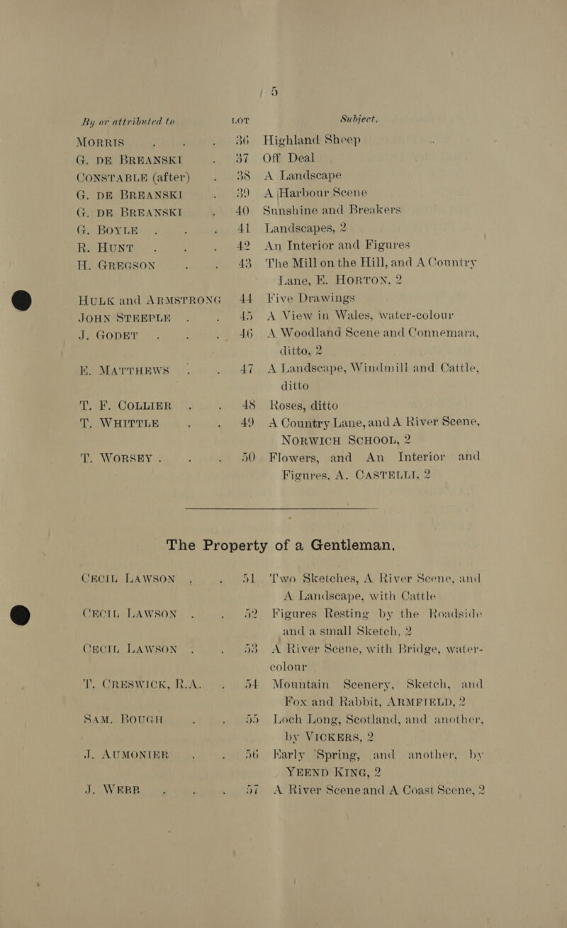 DE BREANSKI DE BREANSKI Subject. Highland Sheep Off Deal A Landscape A \Harbour Scene Sunshine and Breakers Landscapes, 2 An Interior and Figures The Mill onthe Hill, and A Country Lane, H. HORTON, 2 Five Drawings A View in Wales, water-colour A Woodland Scene and Connemara, ditto, 2 A Landscape, Windmill and Cattle, ditto Roses, ditto A Country Lane, and A River Scene, NORWICH SCHOOL, 2 Flowers, and An _ Interior and Figures, A. CASTELLI, 2 ‘i D1 ‘T'wo Sketches, A River Scene, and A Landscape, with Cattle Figures Resting by the Roadside and a small Sketch, 2 A River Scene, with Bridge, water- colour Mountain Scenery, Sketch, and Fox and Rabbit, ARMFIELD, 2 Loch Long, Scotland, and another, by VICKERS, 2 Karly Spring, and another, by YEEND KING, 2