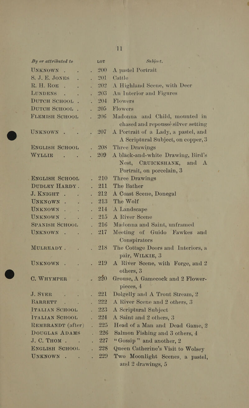 UNKNOWN S. J. EK. JONES Rk. H. ROE LUNDENS DUTCH SCHOOL DUTCH SCHOOL FLEMISH SCHOOL UNKNOWN ENGLISH SCHOOL WYLLIE ENGLISH SCHOOL DUDLEY HARDY. J. KNIGHT UNKNOWN UNKNOWN UNKNOWN . ‘ SPANISH SCHOOL UNKNOWN MULREADY . UNKNOWN C. WHYMPER J. SYER BARRETT ITALIAN SCHOOL ITALIAN SCHOOL DOUGLAS ADAMS J.C. THOM. ENGLISH SCHOOI. UNKNOWN 1] A pastel Portrait Cattle A Highland Scene, with Deer An Interior and Figures Flowers Flowers Madonna and Child, mounted in chased and repousse silver setting A Portrait of a Lady, a pastel, and A Scriptural Subject, on copper, 3 Three Drawings A black-and-white Drawing, Bird’s Nest, CRUICKSHANK, and A Portrait, on porcelain, 3 Three Drawings The Bather A Coast Scene, Donegal The Wolf A Landscape A River Scene Madonna and Saint, unframed Meeting of Guido Fawkes and Conspirators The Cottage Doors and Interiors, a pair, WILKIE, 3 A River Scene, with Forge, and 2 others, 3 Grouse, A Gamecock and 2 Flower- pieces, 4 Dolgelly and A Trout Stream, 2 A River Scene and 2 others, 3 A Scriptural Subject A Saint and 2 others, 3 Head of a Man and Dead Game, 2 Salmon Fishing and 3 others, 4 “Gossip ” and another, 2 (Jueen Catherine’s Visit to Wolsey Two Moonlight Scenes, a pastel, and 2 drawings, 5