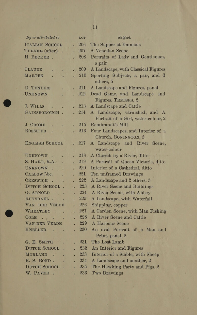 ITALIAN SCHOOL TURNER (after) H. BECKER . CLAUDE MARTEN D. TENIERS UNKNOWN J. WILLS GAINSBOROUGH . J. CROME ROSSITER ENGLISH SCHOOL UNKNOWN BOLART R.A, UNKNOWN CALLOW, &amp;c. CRESWICK DUTCH SCHOOL . G. ARNOLD RUYSDAEL . VAN DER VELDE WHEATLEY COLE : VAN DER VELDE KNELLER G. E. SMITH DUTCH SCHOOL MORLAND R. 8S. BOND . DUTCH SCHOOL W. PAYNE Al The Supper at Emmaus A Venetian Scene Portraits of Lady and Gentleman, a pair A Landscape, with Classical Figures Sporting Subjects, a pair, and 3 others, 5 A Landscape and Figures, panel Dead Game, and Landscape and Figures, TENIERS, 2 A Landscape and Cattle A Landscape, varnished, and A Portrait of a Girl, water-colour, 2 Rembrandt’s Mill Four Landscapes, and Interior of a Church, BONINGTON, 5 A Landscape and River Scene, water-colour A Chareh by a River, ditto A Portrait of Queen Victoria, ditto Interior of a Cathedral, ditto Ten unframed Drawings A Landscape and 2 others, 3 A River Scene and Buildings A River Scene, with Abbey A Landscape, with Waterfall Shipping, copper A Garden Scene, with Man Fishing A River Scene and Cattle A Harbour Scene An oval Portrait of a Man and Print, panel, 2 The Lost Lamb An Interior and Figures Interior of a Stable, with Sheep A Landscape and another, 2 The Hawking Party and Pigs, 2 Two Drawings
