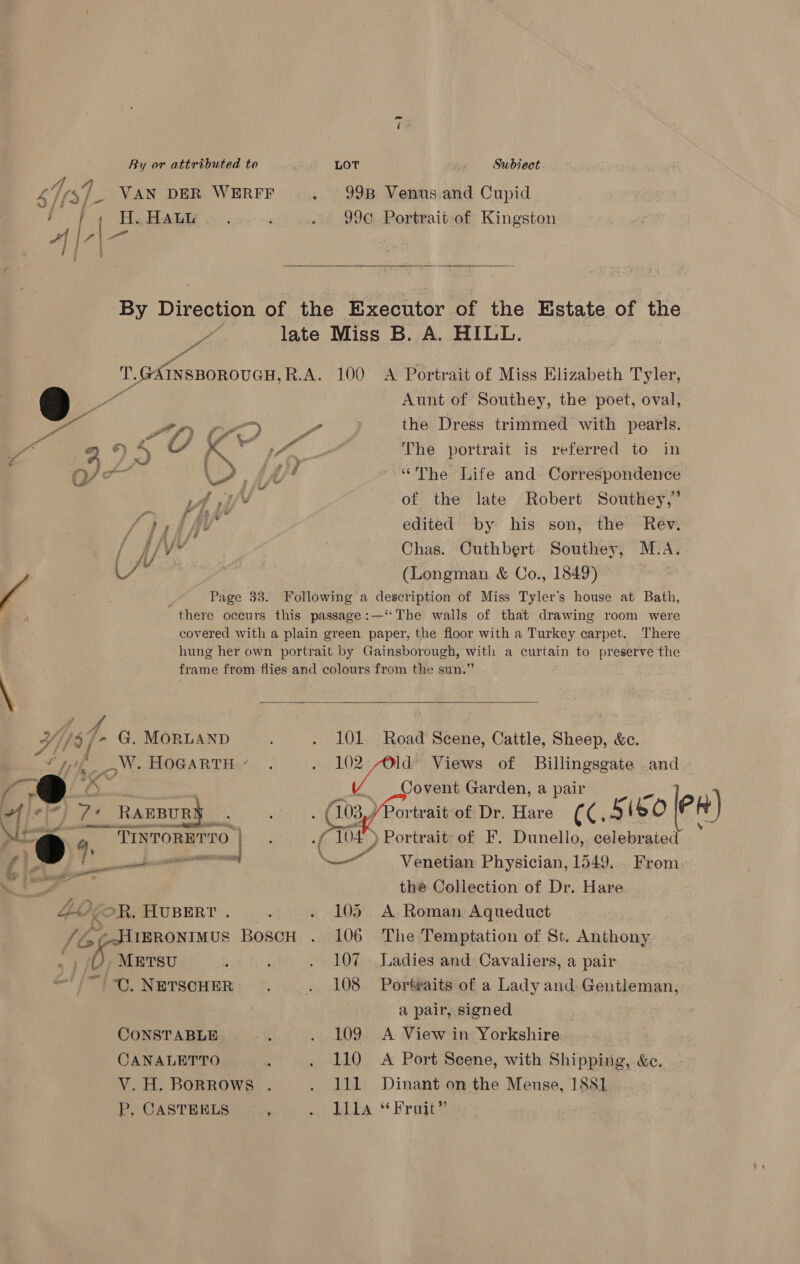 ~1 By or attributed to LOT Subject. 14 : 4/yy/_ VAN DER WERFF . 998 Venus.and Cupid i}, H..HAub 99¢ Portrait of Kingston Li  By Direction of the Executor of the Estate of the ie late Miss B. A. HILL. Ps A Portrait of Miss Elizabeth Tyler, Aunt of Southey, the poet, oval, a the Dress trimmed with pearls. The portrait is referred to in T.GAINSBOROUGH,R.A. 100 Q/< VF ff a “The Life and Correspondence ye aA of the late Robert Southey,” {} , Tia edited by his son, the Rev. ioe fA col } Chas. Cuthbert Southey, M.A. Bes (Longman &amp; Co., 1849) f Page 33. Following a description of Miss Tyler's house at Bath, there occurs this passage:—‘“ The walls of that drawing room were covered with a plain green paper, the floor with a Turkey carpet. There hung her own portrait by Gainsborough, with a curtain to preserve the frame from flies and colours from the sun.”   ~ A. os t ‘gf- G. MORLAND : if v p,af — Wi: HOGARTH ~ %< A x” 101 Road Scene, Cattle, Sheep, &amp;c. 102, /O0ld” Views of Billingsgate and ~ e- ae ti eh ah 8808 . TINTORETTO /@ 3 al te fi LL. OR. ee ; [bf IERONIMUS Boson (0, Mmrsu —'/~! “0, NETSCHER CONSTABLE CANALETTO V. H. BorRows P, CASTEELS ‘ Covent Garden, a pair . A035, /Portrait of Dr. Hare EC: 5160 [PR) mo 104°) Portrait of F. Dunello, celebrated \ et. Venetian Physician, 1549. From thé Collection of Dr. Hare 105 A Roman Aqueduct 106 The Temptation of St. Anthony 107 Ladies and Cavaliers, a pair 108 Portraits of a Lady and Gentleman, a pair, signed | 109. A View in Yorkshire 110 A Port Scene, with Shipping, &amp;e. 111 Dinant on the Meuse, 1881 Lila “Frujt”