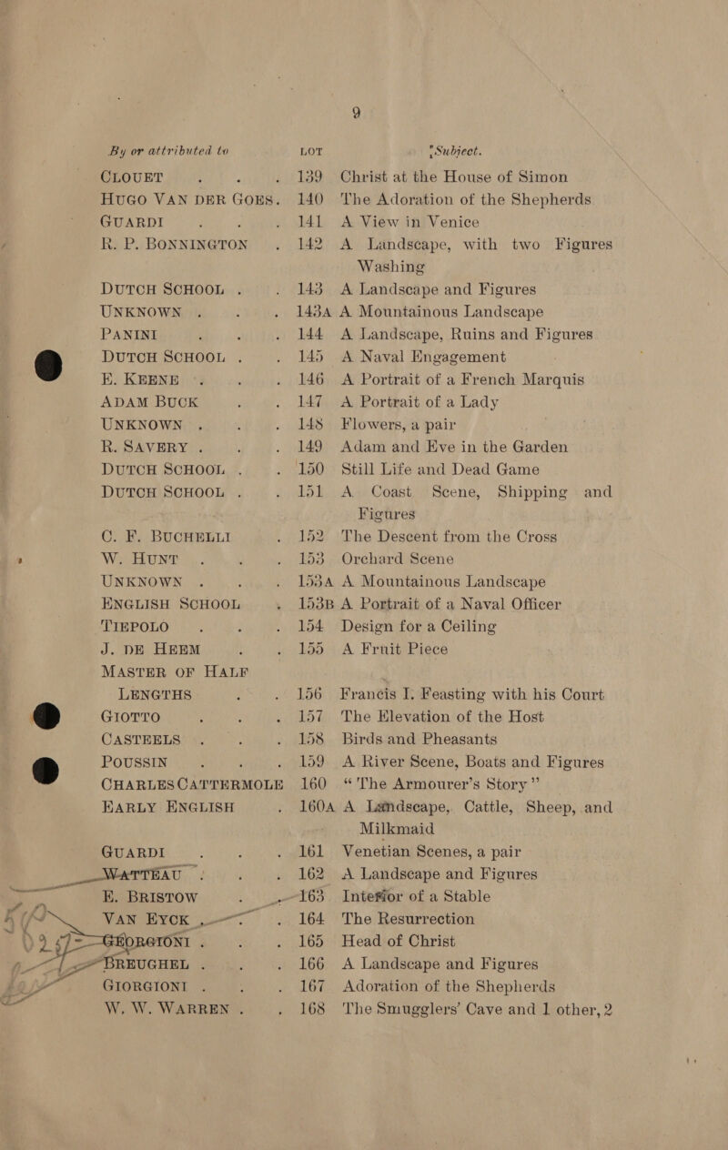 CLOUET : HUGO VAN DER GOES. GUARDI : Rk. P. BONNINGTON DUTCH SCHOOL UNKNOWN PANINI DUTCH SCHOOL EK. KEENE ADAM BUCK UNKNOWN R. SAVERY . DUTCH SCHOOL DUTCH SCHOOL C. F. BUCHELLI ’ W. HUNT UNKNOWN ENGLISH SCHOOL TIEPOLO J. DE HEEM MASTER OF HALF  LENGTHS | EP GIOTTO CASTEELS 5} POUSSIN E CHARLES CATTERMOLE EARLY ENGLISH GUARDI . i, . &amp; BRISTOW ‘ fod Van Eycx WEE HORGIONI . ‘ag 1 BREUGHEL ‘ ig GIORGIONI 139 140 141 142 143 143A 144 145 146 147 14s 149 150 — Gu — wat SC to WwW eet Orv Ov St Sr or H Go ma Ne) Christ at the House of Simon The Adoration of the Shepherds A View in Venice A Landscape, with two Figures Washing A Landscape and Figures A Mountainous Landscape A Landscape, Ruins and Figures A Naval Engagement A Portrait of a French Marquis A Portrait of a Lady Flowers, a pair Adam and Eve in the Garden Still Life and Dead Game A. Coast Scene, Shipping and Figures The Descent from the Cross Orchard Scene A Mountainous Landscape A Portrait of a Naval Officer Design for a Ceiling A Fruit Piece Francis I. Feasting with his Court The Elevation of the Host Birds and Pheasants A River Scene, Boats and Figures “The Armourer’s Story ”’ A Landscape, Cattle, Sheep, and Milkmaid Venetian Scenes, a pair A Landscape and Figures Intefior of a Stable The Resurrection Head of Christ A Landscape and Figures Adoration of the Shepherds