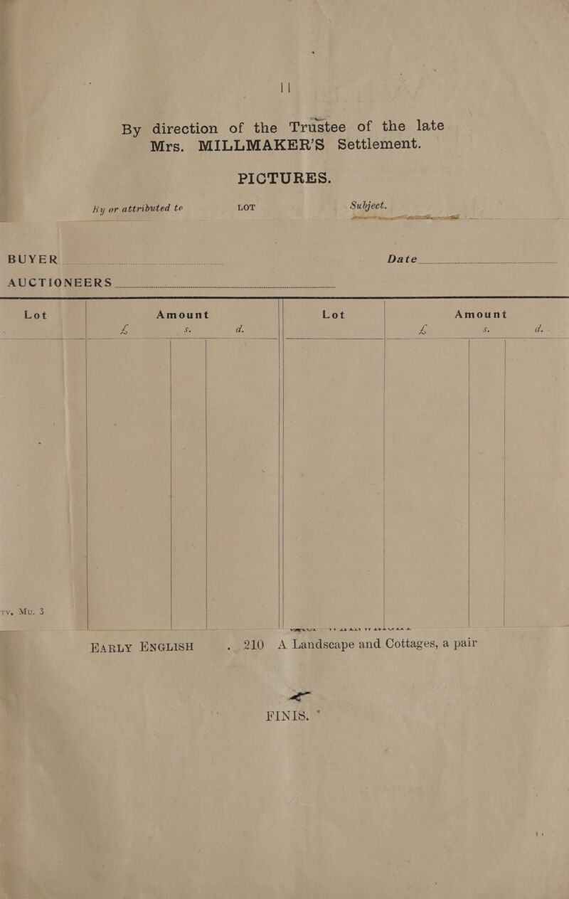 11 By direction of the Trustee of the late Mrs. MILLMAKER’S Settlement.            PICTURES. By or attributed to LOT Subject. 7 OI ae TE Aa ic BUY © Ri Bie ee es, Date ces Mies oa ee AGRO BG Bsc) Bak 2S IES Sa ee nT OOP Arka Se nape RS ER Tl ERR ES ET 2 GE” ESE AC SS TESTS 9 RESET SET — Lot Amount Lot Amount a Te Se wee fee = oe a. 4 Se da. | Ty. Mu. 3 | EARLY ENGLISH . 210 A Landscape and Cottages, a pair < PINTS
