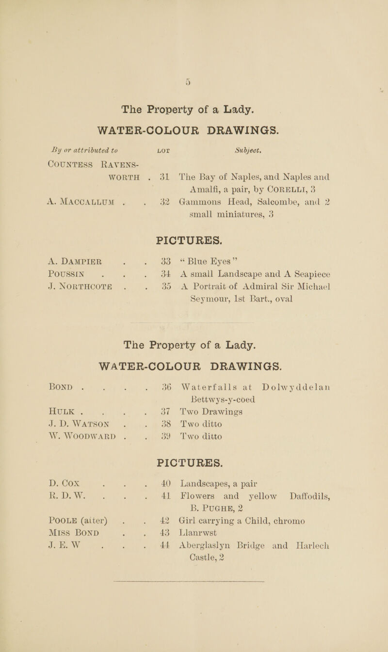 COUNTESS RAVENS- WORTH A. MACCALLUM A. DAMPIER POUSSIN J. NORTHCOTE dl The Bay of Naples, and Naples and Amalfi, a pair, by CORELLI, 3 32 Gammons Head, Salcombe, and 2 small miniatures, 3 PICTURES. 33 “Blue Eyes” d4 A small Landscape and A Seapiece 30 <A Portrait-of Admiral Sir Michael Seymour, Ist Bart., oval BOND ELULE .. J. D. WATSON W. WOODWARD Dy COx R. D. W: POOLE (aiter) MISs BOND J. BE. W 36 Waterfalls at Dolwyddelan Bettwys-y-coed dt Two Drawings 38 Two ditto 39 Two ditto PICTURES. 40 Landscapes, a pair 4] Flowers and yellow Daffodils, B. PUGHE, 2 42 Girl carrying a Child, chromo 43 Llanrwst 44 Aberglaslyn Bridge and Harlech Castle, 2 