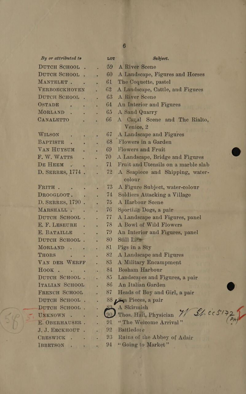 DUTCH SCHOOL . DUTCH SCHOOL . MANTELET . VERBOECKHOVEN DUTCH SCHOOL . OSTADE MORLAND CANALETTO WILSON BAPTISTE VAN HUYSUM F. W. WATTS DE HEEM D. SERRES, 1774 . FRITH . DROOGLOOT. ; D. SERRES, 1790 . MARSHALL . DUTCH SCHOOL . EK. F. LESEURE EK. BATAILLE DUTCH SCHOOL . MORLAND THORS ; VAN DER WERFF Hook . : DUTCH SCHOOL . ITALIAN SCHOOL FRENCH SCHOOL DUTCH SCHOOL . DUTCH SCHOOL . . UNKNOWN . E. OBERHAUSER . J.J. EECKHOUT . CRESWICK IBBETSON 88 91 92 93 94 A. River Scene A Landscape, Figures and Horses The Coquette, pastel A Landscape, Cattle, and Figures A River Scene An Interior and Figures A Sand Quarry A Cézal Scene and The Rialto, Venice, 2 Flowers in a Garden Flowers and Fruit C A Landscape, Bridge and Figures Fruit and Utensils on a marble slab A Seapiece and Shipping, water- colour A Figure Subject, water-colour Soldiers Attacking a Village A Harbour Scene Sportiag Dogs, a pair A Landscape and Figures, panel A Bowl of Wild Flowers An Interior and Figures, panel Still Lite Pigs in a Sty | A Landscape and Figures A Military Encampment Bosham Harbour Landscapes and Figures, a pair An Italian Garden &amp; Heads of Boy and Girl, a pair a Pieces, a pair A Skirmish _— ; Thos. Hail, Physician 7, 1a SL CC sf “The Welcome Arrival ” iy Battledore Ruins of the Abbey of Adair “Going to Market”