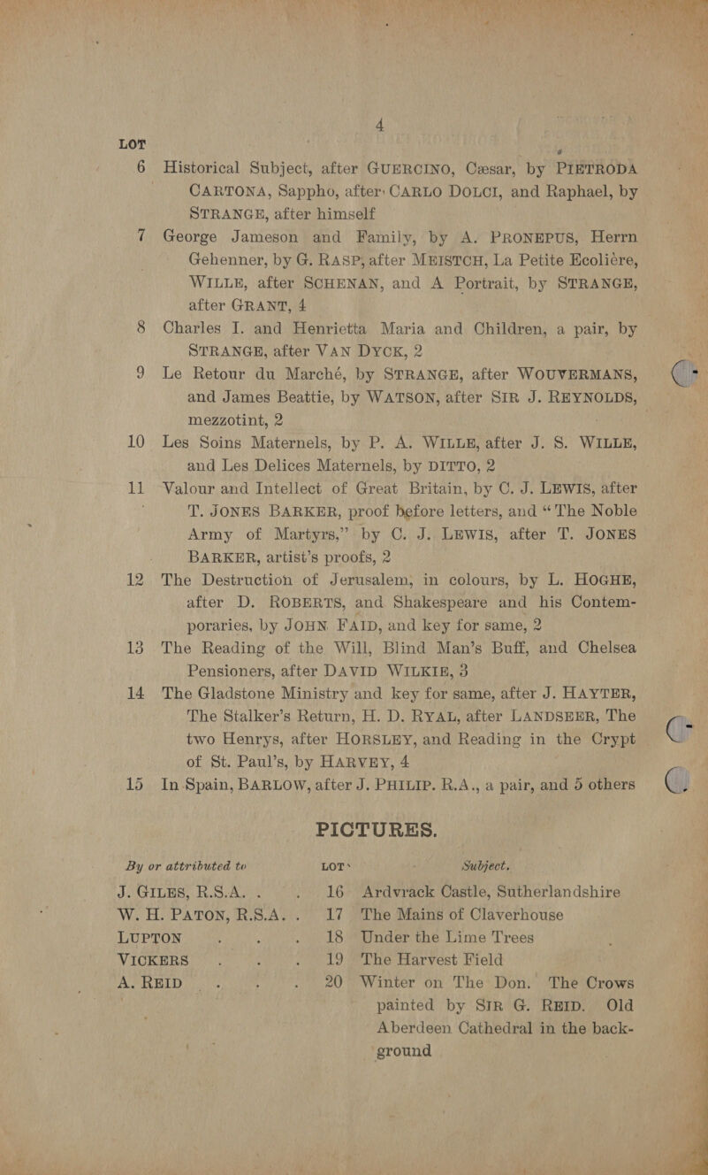 LOT 0 6 Historical Subject, after GUERCINO, Cesar, by PIETRODA | CARTONA, Sappho, after: CARLO DOLCI, and Raphael, by STRANGE, after himself ¢ George Jameson and Family, by A. PRONEPUS, Herrn Gehenner, by G. RASP, after MEHISTCH, La Petite Ecoliere, WILLE, after SCHENAN, and A Portrait, by STRANGE, after GRANT, 4 8 Charles I. and Henrietta Maria and Children, a pair, by STRANGE, after VAN DYCK, 2 9 Le Retour du Marché, by STRANGE, after WOUVERMANS, and James Beattie, by WATSON, after Sir J. ma mezzotint, 2 | 10 Les Soins Maternels, by P. A. WILLE, after J. S. WILLE, and Les Delices Maternels, by DITTO, 2 11 Valour and Intellect of Great Britain, by C. J. LEWIS, after T. JONES BARKER, proof before letters, and “The Noble Army of Martyrs,” by C. J. Lewis, after T. JONES BARKER, artist’s proofs, 2 12 The Destruction of Jerusalem, in colours, by L. HOGHE, after D. ROBERTS, and Shakespeare and his Contem- poraries, by JOHN Falp, and key for same, 2 13 The Reading of the Will, Blind Man’s Buff, and Chelsea Pensioners, after DAVID WILKIE, 3 14 The Gladstone Ministry and key for same, after J. HAYTER, The Stalker’s Return, H. D. RYAL, after LANDSEER, The two Henrys, after HORSLEY, and Reading in the Crypt of St. Paul’s, by HARVEY, 4 15 In Spain, BARLOW, after J. PHILIP. R.A., a pair, and 5 others PICTURES. By or attributed to LOT* : Subject. J. GILES, R.S.A. . . 16 Ardvrack Castle, Sutherlandshire W.H. PATON, R.S.A.. 17 The Mains of Claverhouse LUPTON , ‘ . 18 Under the Lime Trees VICKERS . . . 19 The Harvest Field painted by SiR G. REID. Old Aberdeen Cathedral in the back- ground |  