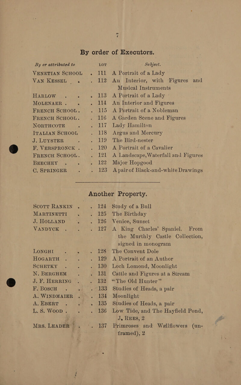=? By order of Executors. By or attributed to LOT Subject. VENETIAN SCHOOL . I11 A Portrait of a Lady VAN KESSEL. . 112 An Interior, with ‘Figures and Musical Instruments HARLOW. . j did A Pertrait of a Lady: MOLENAER . ‘ . 114 An Interior and Figures FRENCH SCHOOL. . 115 A Portrait of a Nobleman FRENCH SCHOOL. . 116 A Garden Scene and Figures NORTHCOTE : il! | Bagy damilton ITALIAN SCHOOL . 118 Argus and Mercury J. LUYSTER ; . 119 The Bird-nester F¥. VERSPRONCK . . 120 A Portrait of a Cavalier FRENCH SCHOOL. . 121 A Landscape,Waterfall and Figures BEECHEY . : . 122 Major Hopgood C. SPRINGER : . 123 Apairof Black-and-white Drawings Another Property. ScoTT RANKIN . . 124 Study of a Bull MARTINETTI ‘ . 125 The Birthday J. HOLLAND ‘ eG Venice, Sunset ° VANDYCK . é . 127 A King Charles’ Spaniel. From the Murthly Castle Collection, signed in monogram LONGHI ; . . 128 The Convent Dole HOGARTH . | . 129 A Portrait of an Author SCHETKY . : . 1380 Loch Lomond, Moonlight N. BERGHEM : . 131 Cattle and Figures at a Stream J. F, HERRING . ~ Los “The Old Hunter” FEBoOscH <. . . 183 Studies of Heads, a pair A. WINDMAIER . . 134 Moonlight A. EBERT . ‘ . 135 Studies of Heads, a pair L. S. Woop . ‘ . 136 Low Tide, and The Hayfield Pond, ae J. REES, 2 Mrs. LEADER . ©. 137 Primroses and Wallflowers (un- framed), 2