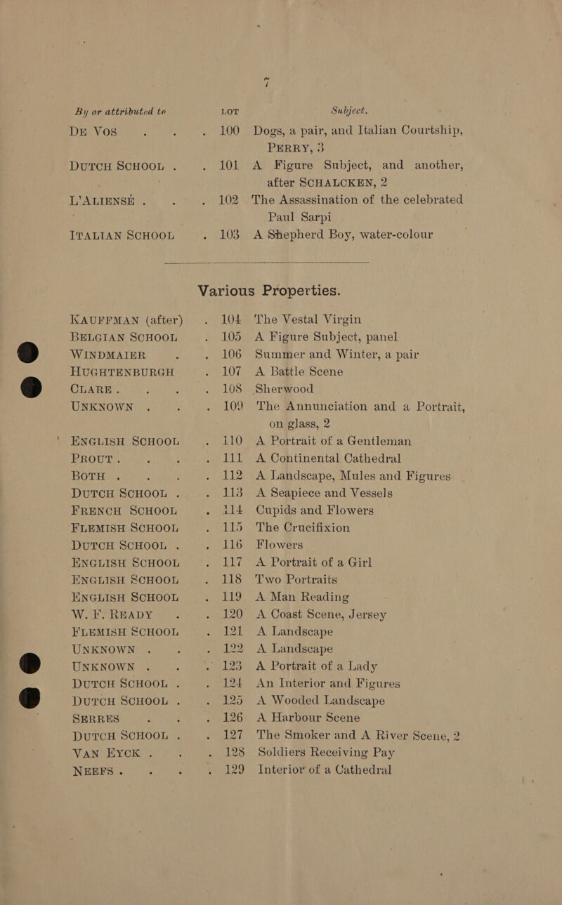 DE VOS DuTCH SCHOOL . L’ALIENSE . ITALIAN SCHOOL 100 101 102 103 ~2 Dogs, a pair, and Italian Courtship, PERRY, 3 A Figure Subject, and another, after SCHALCKEN, 2 ; The Assassination of the celebrated Paul Sarpi A Shepherd Boy, water-colour  KKAUFFMAN (after) BELGIAN SCHOOL WINDMAIER HUGHTENBURGH CLARE. UNKNOWN ENGLISH SCHOOL PROUT . BOTH , DuTCH SCHOOL . FRENCH SCHOOL FLEMISH SCHOOL DUTCH SCHOOL . ENGLISH SCHOOL ENGLISH SCHOOL ENGLISH SCHOOL W. i. READY }'LEMISH SCHOOL UNKNOWN UNKNOWN DurcH SCHOOL . DUTCH SCHOOL . SERRES DUTCH SCHOOL . VAN EYCK . NEEFS . 104 105 106 107 108 109 110 111 Lay Lis 114 115 16 Bas 118 119 120 ea Lee pc 124 LAO 126 Ler 12s 129 The Vestal Virgin A Figure Subject, panel Summer and Winter, a pair A Battle Scene Sherwood The Annunciation and a Portrait, on glass, 2 A Portrait of a Gentleman A Continental Cathedral A Landscape, Mules and Figures: A Seapiece and Vessels Cupids and Flowers The Crucifixion Flowers A. Portrait of a Girl Two Portraits A Man Reading A Coast Scene, Jersey A Landscape A Landscape A Portrait of a Lady An Interior and Figures A Wooded Landscape A Harbour Scene The Smoker and A River Scene, 2 Soldiers Receiving Pay Interior of a Cathedral