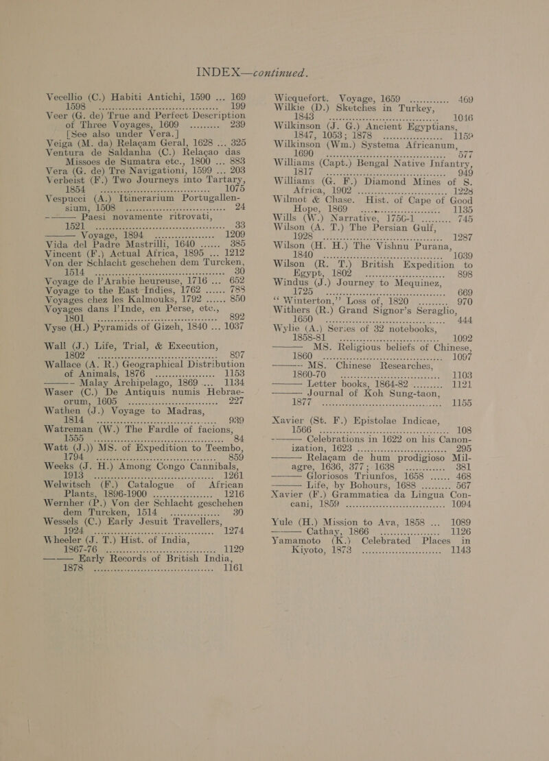 Vecellio (C.) Habiti Antichi, 1590 ... 169 US's oe Mie Ra ee eee ae 199 Veer (G. de) 'True and Perfect Description of Three Voyages, 1609 239 [See also under Vera. | Veiga (M. da) Relagam Geral, 1628 ... 325 Ventura de Saldanha (C.) Relagao das Missoes de Sumatra etc., 1800 ... 883 Vera (G. de) Tre Navigation, 1599 ... 203 Verbeist (F.) Two Journeys into Tartary, VUE, Ra ea 1075 Vespucci (A.) Itinerarium Portugallen- sium, 1508 2 Paesi novamente ritrovati, see eeene Peewee e eee reso ese essere reeeeene   stl RA he, Sr ovdxccecleessciveses 33 IV OVA SCRE icc cccc css eennes 1209 Vida del Padre Mastrilli, 1640 ...... 385 Vincent (F.) Actual Africa, EBO5R E1212 Von der Schlacht geschehen dem Turcken, 2 BE eh aeg ne tlie ae he ala OE TR a 30 Voyage de l’Arabie heureuse, 1716 ... 652 Voyage to the East Indies, Nye eg 788 Voyages chez les Kalmouks, We PAPE Re 850 Voyages dans l’Inde, en Perse, etc., Sk Wa ere eee 892 Vyse (H.) Pyramids of Gizeh, 1840 ... 1037 Wall (J.) Life, Trial, &amp; Execution, 18 02 Wallace (A. R.) Geographical Distribution of Animals, 1876 1153 ~ Malay Archipelago, 1869... 1184 Waser (C.) De Antiquis numis “Hebrae- oP SCS UUs 0 Se eae eo ee 22k mc (J.) Voyage to Madras, ee ed ee ee ores ees sseoeae  939 soe anneal Vesa eae eee 84 S. of Expedition to Teembo, MEPs Sen eae Ps bse sec cacdl 859 Weeks (. H.) Among Congo SET: Welwitech (F.) Catalogue of POT 690-1900 on. oe Neen ns 1216 Wernher (P.) Von der Schlacht geschehen dem Turcken, 1514 Wessels (C.) Early Jesuit Travellers, NE ee 5h sp «oes acc ve ceases 1274 Wheeler (J. T.) Hist. of India, OUEST a eee ae 1129 ey Wicquefort. Voyage, TROD Pes ce bse: 469 Wilkie (D.) Sketches in Turkey, do) Nap el: Ae se 1046 W Bree (J. G.) Ancient Egyptians, 1053 ; 1878 115 Wilkinson (Wm.) Systema Africanum, EG: Wnty ear iame de sarc 1. BE 0 ak BYMa Williams (Capt.) Bengal Native Infantry, 1817 49 ed Pe eee eee eee rice wees ese seeeseresssese 9 Williams (G. F.) Diamond Mines of §. AGT Geis = AOU mate hoe a La 12238 Wilmot &amp; Chase. Hist. of Cape of rent 1135       FLopere lL 30e en sn aes ie ee Wills (W ‘) Narrative, hse ee tk Be 745 yee, es T.) The Persian Gulf, DAs fae A nr a a So 1287 Wilson fie H.) The Vishnu Purana, NY eas lleec Pete CEES 1039 Wilson wet T.) British Expedition to 1a eid te 1 Be. hale Meee > Se 898 Windus (J.) Journey to Mequinez, hE ket ONL a a ti oo ete 669 ‘ Winterton,’’ Loss of, 1820. ......... 970 Withers (R.) Grand Signor’ s Seraglio, Ray rele Ne halen Ont es as SBR 444 Was eee Series of 32 notebooks, Sle Sie al ake ee 1092 MIS. Religious beliefs of Chinese, AGO Noe ee cd a ded os any Ne 1097 ——---- MS. Chinese Researches, EB OOO Cen fee eee en at, 1103 Letter books, 1864-82 ......... 1121 Journal of Koh Sung-taon Fi RS oT ALE A I 1155 Xavier ae F.) Epistolae Indicae, Tike 0 Aan S iaaeibee, eens da, on 108 r Cuoweueas in 1622 on his Canon- DMOLAOUEN Ove: Urls elt hee. a 295 Relacam de hum prodigioso Mil- aore, 41636, 3072216386 0225. Bas 381 —_— Gloriosos Triunfos, LODGE TA 468 - Life, by Bohours, TGR ue 567 Navier (F.) Grammatica da Lingua Con- ENT Ce WRSSE LS Dee re Cen kp aie eee ae 1094 Yule (H.) Mission to Ava, 1858 ... 1089 — Cathay, 1866 1126 Yamamoto (K.) Celebrated Places in Kiyoto, 1873 1143  ee ee ey ee eed me