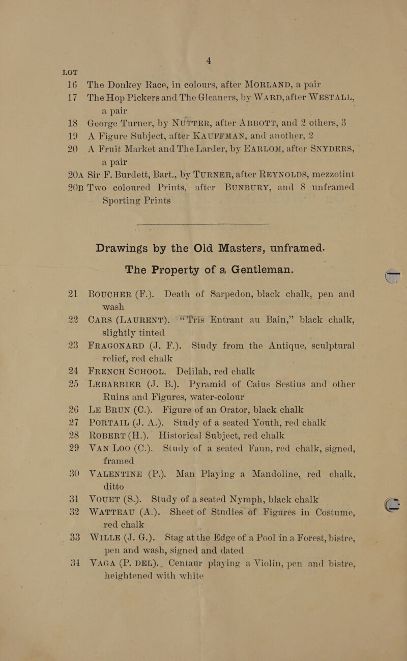 + The Donkey Race, in colours, after MORLAND, a pair The Hop Pickers and The Gleaners, by WARD, after WESTALL, a pair George Turner, by NuTvrER, after ABBOTT, and 2 others, 3 A Figure Subject, after KAUFFMAN, and another, 2 A Fruit Market and The Larder, by HARLOM, after SNYDERS, a pair Sir F. Burdett, Bart., by TURNER, after REYNOLDS, mezzotint Two coloured Prints, after BUNBURY, and 8 unframed Sporting Prints |  Drawings by the Old Masters, unframed. The Property of a Gentleman. BOUCHER (F.). Death of Sarpedon, black chalk, pen and wash CARS (LAURENT). “Tris Entrant au Bain,” black chalk, slightly tinted . FRAGONARD (J. F.). Study from the Antique, sculptural relief, red chalk FRENCH SCHOOL. Delilah, red chalk LEBARBIER (J. B.). Pyramid of Caius Sestius and other Ruins and Figures, water-colour LE BRUN (C.). Figure of an Orator, black chalk PORTAIL (J. A.). Study of a seated Youth, red chalk ROBERT (H.). Historical Subject, red chalk VAN Loo (C.). Study of a seated Faun, red chalk, signed, framed VALENTINE (P.). Man Playing a Mandoline, red chalk, ditto VOUET (S.). Study of a seated Nymph, black chalk Cc WATTEAU (A.). Sheet of Studies of Figures in Costume, A red chalk WILLE (J. G.).. Stag atthe Edge of a Pool ina Forest, bistre, pen and wash, signed and dated VAGA (P. DEL).. Centaur playing a Violin, pen and bistre, heightened with white 2