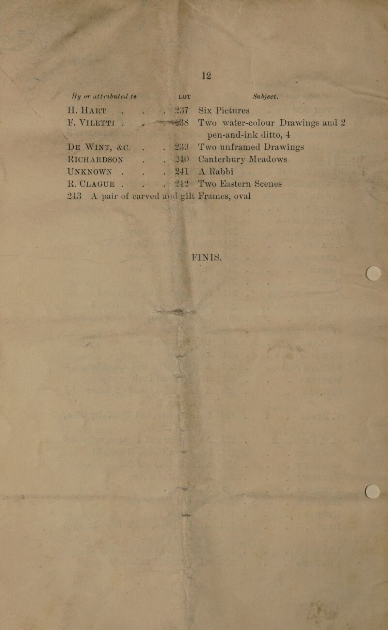 12 By or attributed te LOT. Subject, H. HART : ; ; 237 Six Pictures F. VIBETSS *; ¢ -“eseeds Two water-colour Drawings and 2 ., pen-and-ink ditto, 4 DE WINT, &amp;C.. . . 239 Two unframed Drawings RICHARDSON : . 240 Canterbury Meadows UNKNOWN . . Bak A Rabbi R. CLAGUE . ; . 242 Two Eastern Scenes 243 &lt;A pair of carved and gill Frames, oval FINIS. ——