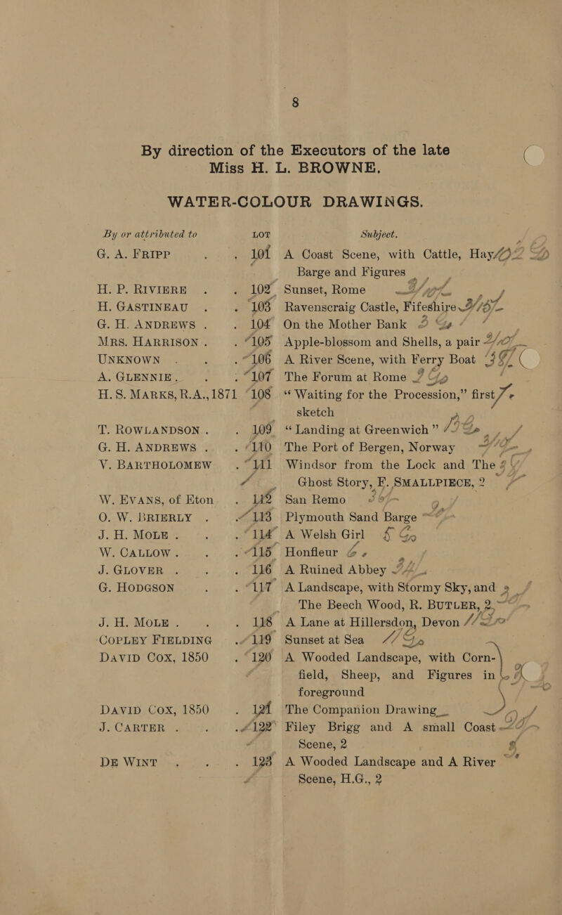 By direction of the Executors of the late ( Miss H. L. BROWNE, WATER-COLOUR DRAWINGS. By or attributed to LOT Subject. G. A. FRIPP ; 104 A Coast Scene, with Cattle, Hay. =) Barge and Figures H. P. RIVIERE . . 102. Sunset, Rome 9/4 ; H. GASTINEAU. : 108 Ravenscraig Castle, Vitedhige 9 6. £ G. H. ANDREWS . . 104 On the Mother Bank 2 “ex Mrs. HARRISON . ; “105 Apple-blossom and Shells, a pair Yo x UNKNOWN . : A 106 A River Scene, with Ferry Boat ‘9 G7 ( A. GLENNIE. : “wi The Forum at Rome ‘ AD HS. MARKSaieA. 16 (lee ‘108 ‘‘ Waiting for the Procession,” ns sketch A ih T. ROWLANDSON . . 109 “Landing at Greenwich ” 194, ry oa G. H. ANDREWS . . ‘110 The Port of Bergen, Norway +/Z_ V. BARTHOLOMEW .°141 Windsor from the Lock and The 4 4 Ghost Story, F. SMALLPIECE, 2 W. EVANS, of Eton. Lig San Remo 8 # &amp;-— 3 O. W. BRIERLY . “113 Plymouth Sand Barge ~@ J.H.Monm. . .°ld A Welsh Girl £ W. CALLOW . . . “115 Honfleur @- n J.GLOVER . . .. “L}6 A Ruined Abbey JA. G. HODGSON : AGE VA Landscape, with Stormy Sky,and » ~ The Beech Wood, R. BUTLER, 2. _— J. H. MOLE . j ; 118 A Lane at Hillersdon, Devon / 12 COPLEY FIELDING .119 Sunset at Sea // Gn DAVID Cox, 1850 . 120 A Wooded Landscape, with Com) F field, Sheep, and Figures in \ ¢ (?- foreground DAVID Cox, 1850 : 121 The Companion Drawing _ “a J. CARTER . . .122° Filey Brigg and A small Coast — ey) ‘ Scene, 2 of DE WINT ., : . 123 A Wooded Landscape and A River ~* Scene, FLG. 2