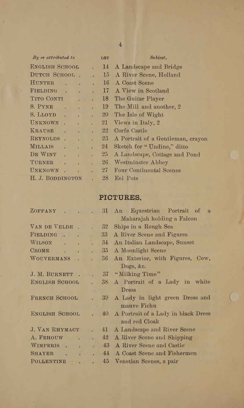 ENGLISH SCHOOL DUTCH SCHOOL . HUNTER FIELDING TITO CONTI S. PYNE S. LLOYD UNKNOWN KRAUSE REYNOLDS . MILLAIS DE WINT TURNER UNKNOWN H. J. BODDINGTON ZOFFANY - VAN DE VELDE FIELDING WILSON CROME WOUVERMANS J. M. BURNETT . ENGLISH SCHOOL FRENCH SCHOOL ENGLISH SCHOOL J. VAN RHYMACY A. FEHOUW WIMPERIS SHAYER POLLENTINE , A Landscape and Bridge A River Scene, Holland A View in Scotland The Guitar Player The Mill and another, 2 The Isle of Wight Views in Italy, 2 Corfe Castle A Portrait of a Gentleman, crayon Sketch for “ Undine,” ditto A Landscape, Cottage and Pond Westminster Abbey Four Continental Scenes Kel Pots dl An Equestrian Portrait of a Maharajah holding a Falcon Ships in a Rough Sea A River Scene and Figures An Italian Landscape, Sunset A Moonlight Scene An Exterior, with Figures, Dogs, &amp;ce. “Milking Time” A Portrait of a Lady in white Dress A Lady in light green Dress and mauve Fichu A Portrait of a Lady in black Dress and red Cloak A Landscape and River Scene A River Scene and Shipping A River Scene and Castle A Coast Scene and Fishermen Venetian Scenes, a pair Cow,
