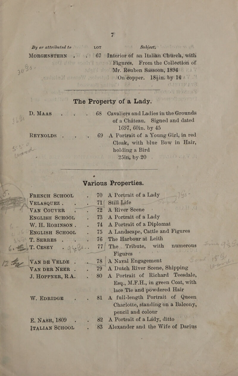 67 Interior of an Italian Church, with Figures, From the Collection of. Mr. Reuben Sassoon; 1894 ~/On-eopper. 18sin. by T4 é - D. MAAS REYNOLDS * al *\ s FRENCH SCHOOL 4 ‘ 3 pet = 2 | VELASQUEZ . awa “VaN COUVER (7 ENGLISH SCHOOL W.H. ROBINSON . ENGLISH SCHOOL : T, SERRES ree Be} T. CESEY /? ae ‘VAN DE VELDE VAN DER NEER . J. HOPPNER, R.A. W. EDRIDGE EK. NASH, 1809 ITALIAN SCHOOL 68 Cavaliers and Ladies in the Grounds of a Chateau. Signed and dated 1697, 60in. by 45 . 69 A Portrait of a Young Girl, in red. Cloak, with blue Bow in Hair, holding a Bird Zain, by-20  ¢ Various Properties. 70 A Portrait of a Lady 71 Still Life 72 A River Scene 73 +A Portrait of a Lady 74 <A Portrait of a Diplomat 75 A Landscape, Cattle and Figures 76 The Harbour at Leith 17 [ The . Tribute, with ‘Figures ae 78 A Naval Engagement 79 A Dutch River Scene, Shipping 80 A Portrait of Richard Teesdale, Esq., M.F.H., in green Coat, with lace Tie and powdered Hair 81 A full-length Portrait of Queen Charlotte, standing on a Balcony, pencil and colour 82 A Portrait of a Lady, ditto — 83 Alexander and the Wife of Darius numerous