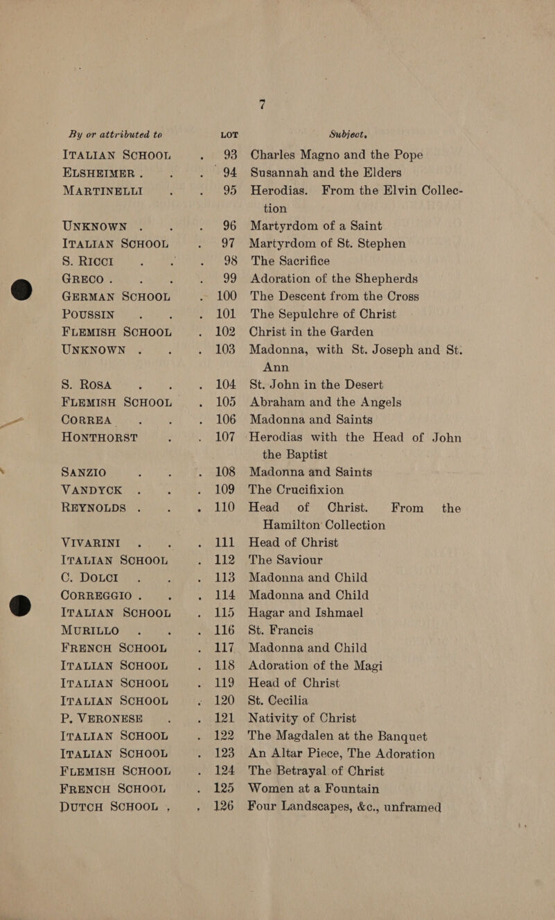 ITALIAN SCHOOL ELSHEIMER. MARTINELLI UNKNOWN S. RICcI GRECO . ) GERMAN SCHOOL POUSSIN FLEMISH SCHOOL UNKNOWN S. ROSA FLEMISH SCHOOL CORREA HONTHORST SANZIO > VANDYCK REYNOLDS VIVARINI C. DOLCI CORREGGIO . ITALIAN SCHOOL MURILLO FRENCH SCHOOL ITALIAN SCHOOL ITALIAN SCHOOL ITALIAN SCHOOL P. VERONESE ITALIAN SCHOOL ITALIAN SCHOOL FLEMISH SCHOOL FRENCH SCHOOL DUTCH SCHOOL , 100 101 102 103 104 105 106 107 ® 109 110 111 112 113 114 115 116 117 118 119 120 121 122 123 124 125 126 Charles Magno and the Pope Susannah and the Elders Herodias. From the Elvin Collec- tion Martyrdom of a Saint Martyrdom of St. Stephen The Sacrifice Adoration of the Shepherds The Descent from the Cross The Sepulchre of Christ Christ in the Garden Madonna, with St. Joseph and St. Ann St. John in the Desert Abraham and the Angels Madonna and Saints Herodias with the Head of John the Baptist ? Madonna and Saints The Crucifixion Head of Christ. Hamilton Collection Head of Christ The Saviour Madonna and Child Madonna and Child Hagar and Ishmael St. Francis Madonna and Child Adoration of the Magi Head of Christ St. Cecilia Nativity of Christ The Magdalen at the Banquet An Altar Piece, The Adoration The Betrayal of Christ Women at a Fountain Four Landscapes, &amp;c., unframed From the