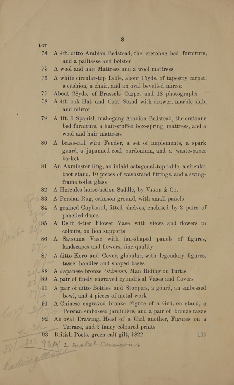 80 81 82 8 A 4ft. ditto Arabian Bedstead, the cretonne bed furniture, and a palliasse and bolster A wool and hair Mattress and a woul mattress A white circular-top Table, about l5yds. of tapestry carpet, a cushion, a chair, and an oval bevelled mirror About 28yds. of Brussels Carpet and 18 photographs A 4ft. oak Hat and Coat Stand with drawer, marble slab, and mirror A 4ft. 6 Spanish mahogany Arabian Bedstead, the cretonne bed furniture, a hair-stuffed box-spring mattress, and a wool and hair mattress A brass-rail wire Fender, a set of implements, a spark guard, a japanned coal purdonium, and a waste-paper basket | An Axminster Rug, an inlaid octagonal-top table, a circular boot stand, 10 pieces of washstand fittings, and a swing- frame toilet glass A Hercules horse-action Saddle, by Vicor &amp; Co. A Persian Rug, crimson ground, with small panels A grained Cupboard, fitted shelves, enclosed by 2 pairs of © panelled doors A Delft 4-tier Flower Vase with views and flowers in colours, on lion supports A Satsuma Vase with fan-shaped panels of figures, landscapes and flowers, fine quality A ditto Koro and Cover, globular, with legendary figures, tasse! handles and shaped bases A Japanese bronze Okimono, Man Riding on Turtle A pair of finely engraved cylindrical Vases and Covers A pair of ditto Bottles and Stoppers, a gourd, an embossed bowl, and 4 pieces of metal work A Chinese engraved bronze Figure of a God, on stand, a Persian embossed jJardiniére, and a pair of bronze tazze An oval Drawing, Head of a Girl, another, Figures on a Terrace, and 2 fancy coloured prints British Poets, green calf gilt, 1822 100