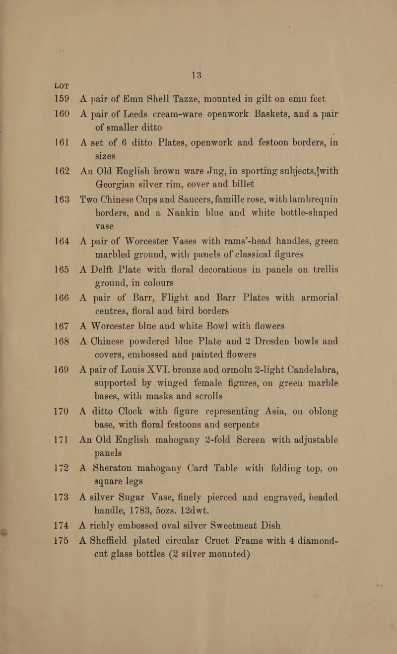 159 160 161 162 163 164 165 166 167 168 13 A pair of Hmu Shell Tazze, mounted in gilt on emu feet A pair of Leeds cream-ware openwork Baskets, and a pair of smaller ditto ; A set of 6 ditto Plates, openwork and festoon borders, in sizes An Old English brown ware Jug, in sporting subjects,}with Georgian silver rim, cover and billet Two Chinese Cups and Saucers, famille rose, with lambrequin borders, and a Nankin blue and white bottle-shaped vase A pair of Worcester Vases with rams’-head handles, green marbled ground, with panels of classical figures A Delft Plate with floral decorations in panels on trellis ground, in colours A pair of Barr, Flight and Barr Plates with armorial centres, floral and bird borders A Worcester blue and white Bowl with flowers A: Chinese powdered blue Plate and 2 Dresden bowls and covers, embossed and painted flowers A pair of Louis X VI. bronze and ormolu 2-light Candelabra, supported by winged female figures, on green marble bases, with masks and scrolls A ditto Clock with figure representing Asia, on oblong base, with floral festoons and serpents An Old English mahogany 2-fold Screen with adjustable panels A Sheraton mahogany Card Table with folding top, on square legs A silver Sugar Vase, finely pierced and engraved, beaded handle, 1783, 50zs. 12dwt. A richly embossed oval silver Sweetmeat Dish A Sheffield plated circular Cruet Frame with 4 diamond-