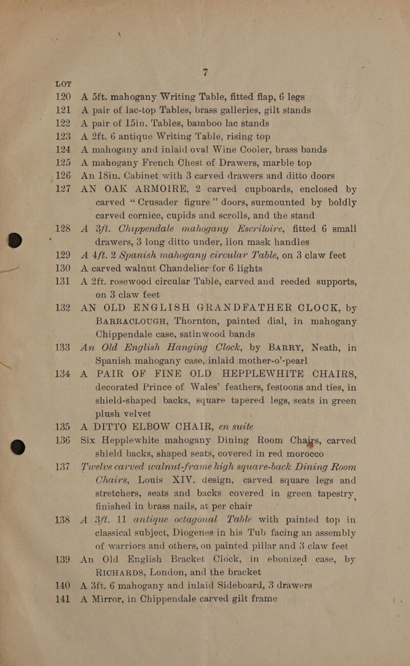 134 135 136 138 139 140 141 7 A dft. mahogany Writing Table, fitted flap, 6 legs A pair of lac-top Tables, brass galleries, gilt stands A pair of ldin. Tables, bamboo lac stands A 2ft. 6 antique Writing Table, rising top A mahogany and inlaid oval Wine Cooler, brass bands A mahogany French Chest of Drawers, marble top. An 18in. Cabinet with 3 carved drawers and ditto doors AN OAK ARMOIRE, 2 carved cupboards, enclosed by _carved “Crusader figure” doors, surmounted by boldly carved cornice, cupids and scrolls, and the stand A daft. Chippendale mahogany EKscritoire, fitted 6 small drawers, 3 long ditto under, lion mask handles A 4ft. 2 Spanish mahogany circular Table, on 3 claw feet A carved walnut Chandelier for 6 lights A 2ft. rosewood circular Table, carved and reeded supports, on 3 claw feet AN OLD ENGLISH GRANDFATHER CLOCK, by BARRACLOUGH, Thornton, painted dial, in mahogany Chippendale case, satinwood bands An Old English Hanging Clock, by BARRY, N cath, in Spanish mahogany case, inlaid mother-o’-pearl A PAIR OF FINE OLD HEPPLEWHITE CHAIRS, decorated Prince of Wales’ feathers, festoons and ties, in shield-shaped backs, square tapered legs, seats in green plush velvet A. DITTO ELBOW CHAIR, en Beate Six Hepplewhite mahogany Dining Room Chajys, carved shield backs, shaped seats, covered in red morocco Twelve carved walnut-frame high square-back Dining Room Chairs, Louis XIV. design, carved square legs and stretchers, seats and backs covered in green tapestry finished in brass nails, at per chair A 3ft. 11 antique octagonal Table with painted top in classical subject, Diogenes in his Tub facing an assembly of warriors and others, on painted pillar and 3 claw feet An Old English Bracket Clock, in ebonized case, by RICHARDS, London, and the bracket A 3ft. 6 mahogany and inlaid Sideboard, 3 drawers A Mirror, in Chippendale carved gilt frame
