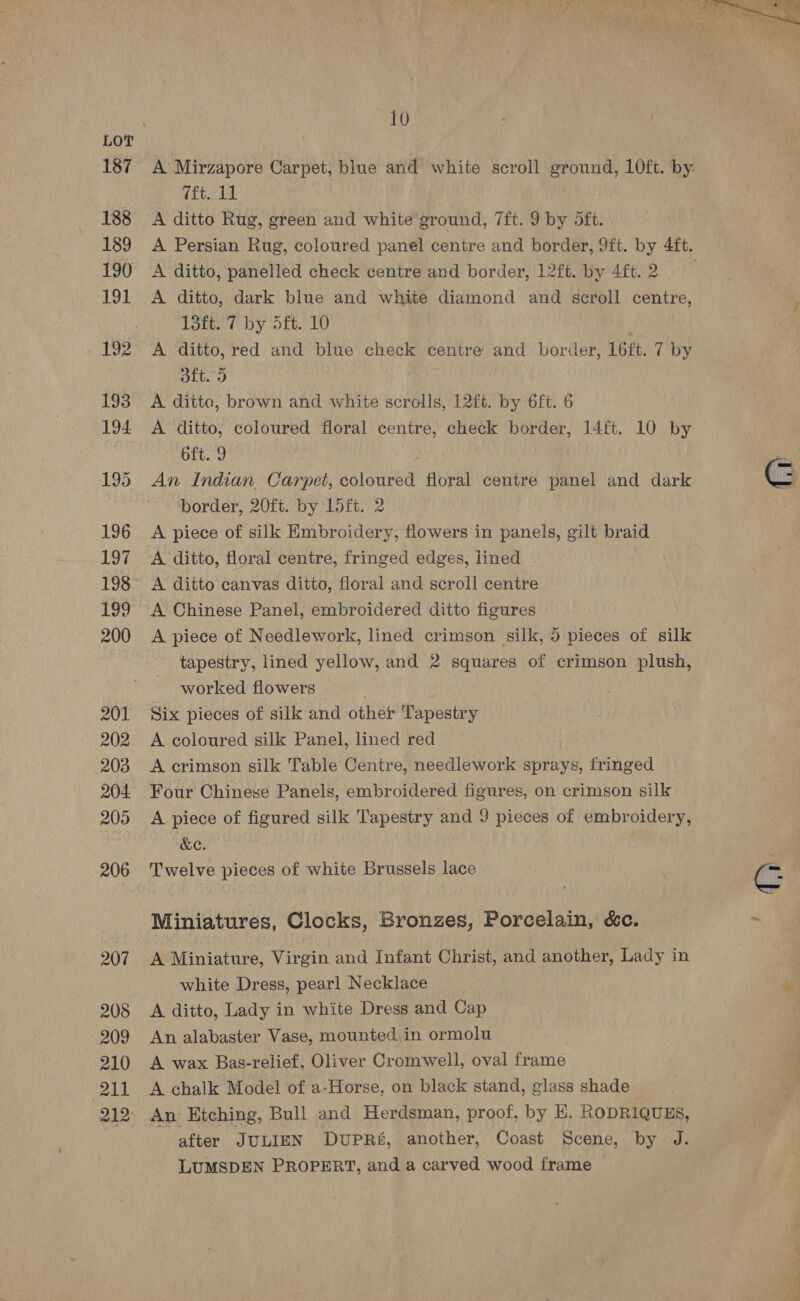 10 TE SUL A ditto Rug, green and white ground, 7ft. 9 by dft. A ditto, panelled check centre and border, 12ft. by 4ft. 2 A ditto, dark blue and white diamond and scroll centre, 13ft. 7 by 5ft. 10 Olt. » A ditto, brown and white scrolls, 12ft. by 6ft. 6 A ditto, coloured floral centre, check border, 14ft. 10 by — 66ft. 9 An Indian Carpet, coloured floral centre panel and dark border, 20ft. by L5ft. 2 A piece of silk Embroidery, flowers in panels, gilt braid A ditto, floral centre, fringed edges, lined _ A Chinese Panel, embroidered ditto figures A piece of Needlework, lined crimson silk, 5 pieces of silk tapestry, lined yellow, and 2 squares of crimson plush, worked flowers Six pieces of silk and other Tapestry A coloured silk Panel, lined red A crimson silk Table Centre, needlework sprays, fringed Four Chinese Panels, embroidered figures, on crimson silk A piece of figured silk Tapestry and 9 pieces of embroidery, i or Twelve pieces of white Brussels lace Miniatures, Clocks, Bronzes, Porcelain, &amp;c. A Miniature, Virgin and Infant Christ, and another, Lady in white Dress, pearl Necklace _ A ditto, Lady in white Dress and Cap An alabaster Vase, mounted.in ormolu A wax Bas-relief, Oliver Cromwell, oval frame A chalk Model of a-Horse, on black stand, glass shade after JULIEN DUPR&amp;, another, Coast Scene, by J. LUMSDEN PROPERT, and a carved wood frame  te. wk