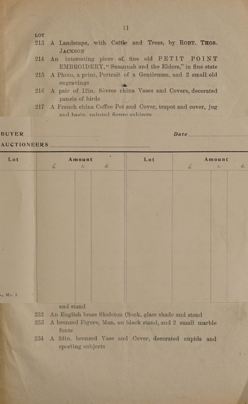  1] 213 A Landscape, with Cattle and Trees, by Rost. THOS. y JACKSON 214 An interesting piece of, fine old PETIT POINT EMBROIDERY, “ Susannah and the Elders,” in fine state a 215 A Photo, a print, Portrait of a Gentleman, and 2. small old          engravings ie 216 A pair of 12in. Sevres china Vases and Cavan Hororaed . panels of birds ‘ 217 A French china Coffee Pot and Cover, teapot and cover, jug “a us and hasin_ nainted fionre snhiects US SR 0 eee Datta rts srs he es eeemere. 8 ©) N Pee, A ee Lot Amount ; Lot | Amount rs $s ad. £4 Ss a. | and stand 32 An English brass Skeleton Clock, glass shade and stand 233 A bronzed Figure, Man, on black stand, and 2 small marble fonts 234 A 24in. bronzed Vase and Cover, decorated cupids and sporting subjects 