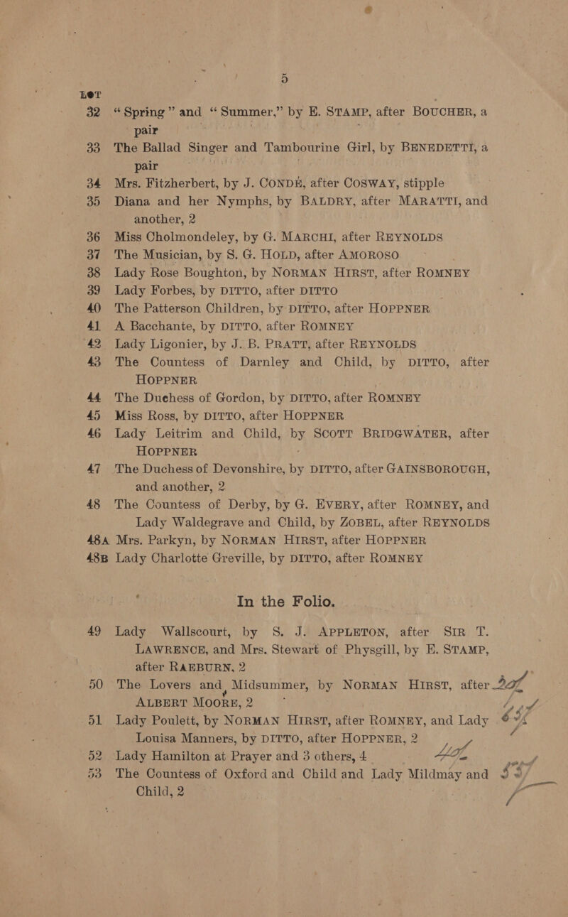 LeT 32 “Spring” and a Summer, ” by EH. STAMP, after BOUCHER, a _ pair 33 The Ballad poy and Tambourine Girl, by BENEDETTI, a pair 34 Mrs. Fitzherbert, by J. CONDE, after COSWAY, stipple 35 Diana and her Nymphs, by BALDRY, after MARATTI, and another, 2 36 Miss Cholmondeley, by G. MARCHI, after REYNOLDS 37 The Musician, by S. G. HOLD, after AMOROSO 38 Lady Rose Boughton, by NORMAN HIRST, after ROMNEY 39 Lady Forbes, by DITTO, after DITTO 40 The Patterson Children, by DITTO, after HOPPNER 4) A Bacchante, by DITTO, after ROMNEY ‘42 Lady Ligonier, by J. B. PRATT, after REYNOLDS 43 The Countess of Darnley and Child, by DITTOo, after HOPPNER 44 The Duehess of Gordon, by DITTO, after ROMNEY 45 Miss Ross, by DITTO, after HOPPNER 46 Lady Leitrim and Child, bY Scott BRIDGWATER, after HOPPNER 47 The Duchess of Devonshire, by DITTO, after GAINSBOROUGH, | and another, 2 48 The Countess of Derby, by G. EVERY, after ROMNEY, and Lady Waldegrave and Child, by ZOBEL, after REYNOLDS 48A Mrs. Parkyn, by NORMAN HIRST, after HOPPNER 48B Lady Charlotte Greville, by DITTO, after ROMNEY ; In the Folio. 49 Lady Wallscourt, by S. J. APPLETON, after Sir T. LAWRENCE, and Mrs. Stewart of Physgill, by E. STAMP, after RAEBURN, 2 7 50 The Lovers and | Midsummer, by NORMAN HIRST, after Daf | ALBERT MOORE, 2 ape? d1 Lady Pouleit, by NORMAN HIRST, after ROMNEY, and ade o 4 Louisa Manners, by DITTO, after HOPPNER, 2 é 52 Lady Hamilton at Prayer and 3 others, 4 4a, pee, The Countess of Oxford and Child and Lady Mildmay and 2 © Child, 2 # eee Qt Oo