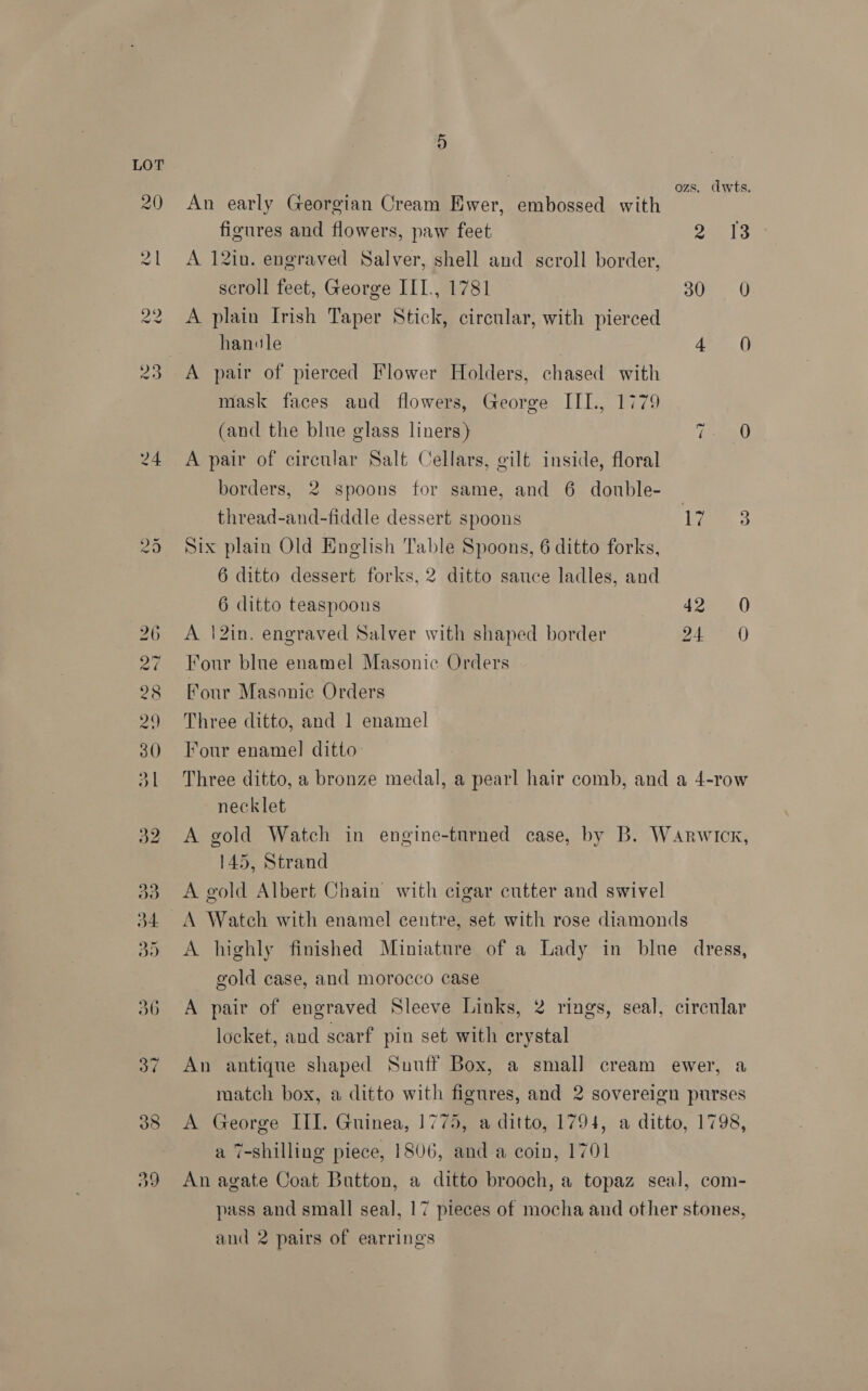 ozs, dwts. An early Georgian Cream Ewer, embossed with figures and flowers, paw feet mls A 12in. engraved Salver, shell and scroll border, scroll feet, George ILI., 1781 30). U A plain Irish Taper Stick, circular, with pierced hanule 4 0 A pair of pierced Flower Holders, chased with mask faces and flowers, George III., 177! (and the blue glass liners) pseu A pair of circular Salt Cellars, gilt inside, floral borders, 2 spoons for same, and 6 double- thread-and-fiddle dessert spoons aoe 3 Six plain Old English Table Spoons, 6 ditto forks, 6 ditto dessert forks, 2 ditto sauce ladles, and 6 ditto teaspoons 42 0 A |2in. engraved Salver with shaped border 24 0 Four blue enamel Masonic Orders Four Masonic Orders Three ditto, and 1 enamel Four enamel ditto Three ditto, a bronze medal, a pearl hair comb, and a 4-row necklet A gold Watch in engine-turned case, by B. Warwick, 145, Strand A gold Albert Chain with cigar cutter and swivel A highly finished Miniature of a Lady in blue dress, gold case, and morocco case A pair of engraved Sleeve Links, 2 rings, seal, circular locket, and scarf pin set with crystal An antique shaped Suuff Box, a small cream ewer, a match box, a ditto with figures, and 2 sovereign purses A George III. Guinea, 1775, a ditto, 1794, a ditto, 1798, a 7-shilling piece, 1806, and a coin, 1701 An agate Coat Button, a ditto brooch, a topaz seal, com- pass and small seal, 17 pieces of mocha and other stones, and 2 pairs of earrings