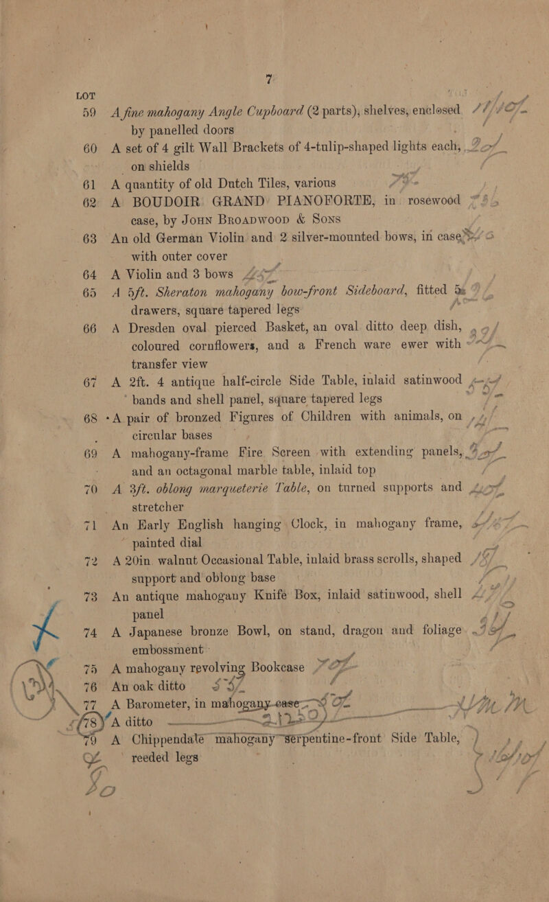2 » 5 } \ 17 (SD A fine mohogan y Angle Cupboard (2 parts), shelves, enhlosea PV 4 Of A set of 4 gilt Wall Brackets of 4-tulip-shaped one éacth _ on shields A quantity of old Dutch Tiles, various Pt A BOUDOIR GRAND: PIANOFORTE, in. rosewood case, by JoHN Broapwoop &amp; Sons An old German Violin and 2 silver-mounted bows, in case 5 with outer cover A Violin and 3 bows 4% oft. Sheraton mahogany y bow-front Sideboard, fitted es | drawers, square tapered legs: A Dresden oval pierced Basket, an oval ditto deep dish, coloured cornflowers, and a French ware ewer with ° 2A transfer view A 2ft. 4 antique half-circle Side Table, inlaid satinwood fried , ‘bands and shell panel, square tapered legs se i ~ circular bases and an octagonal marble table, inlaid top A 3ft. oblong marqueterie Table, on turned supports and g.-% stretcher : “ painted dial A 20in. walnut Occasional Table, inlaid brass scrolls, shaped _/ ¢ support and oblong base Pi An antique mahogany Knife Box, inlaid satinwood, shell Lif panel ; 7 A Japanese bronze Bowl, on stand, dragon and foliage. . 4 of embossment - ; jae A mahogany revolving Bookcase Pop An oak ditto 3 WV. é A Barometer, in mahoga RSET i Ge nif ly, yy A Chippendale maogiaywerpentine- -front Side Table, : ~ reeded legs . Y Moh yf
