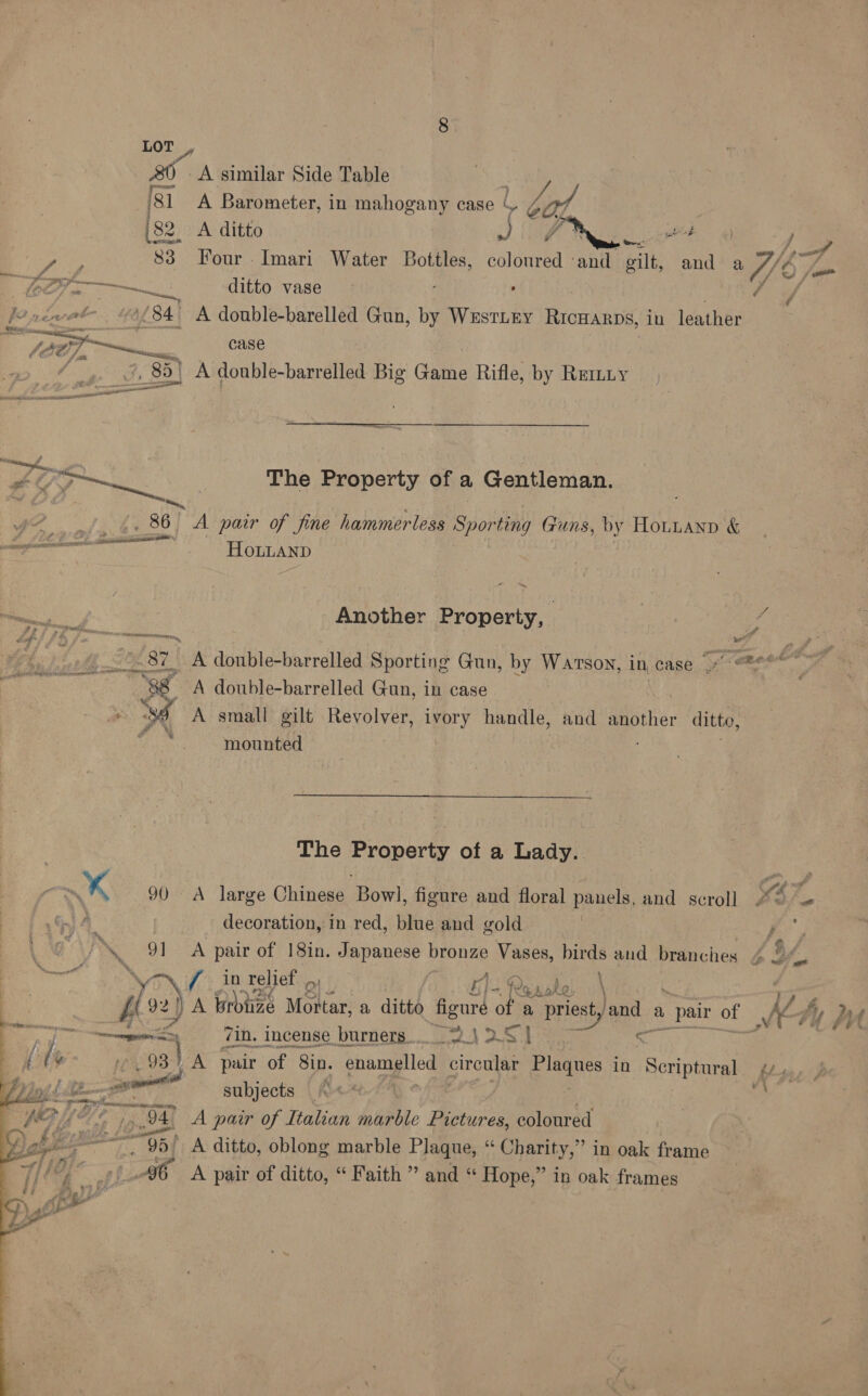 LOT , 80 A similar Side Table ig] A Barometer, in mahogany case UU bal [82 A ditto ag Pras ay -    subjects — | A pair of Italian marble Pictures, coloured ~~. 95/ A ditto, oblong marble Plaque, “ Charity,” in oak frame 46 A pair of ditto, “ Faith ” and “ Hope,” in oak frames : ‘ ine 83 Four. Imari Water Bottles, coloured ‘and fell and a f/ = a 1 ee ditto vase 7 Bi newot (84° A double-barelled Gun, by rants rename in leather . oa case 7, $8) A double-barrelled Big Game Rifle, by Remy Be 7a The Property of a Gentleman. DS i ae, : ? | we, 86 A pair of fine hammerless Sporting Guns, by Hottann &amp; ———— HoLLAND Bg Another Property, 34 Oe ‘87 A double-barrelled Sporting Gun, by Watson, in, case |7 <2ee e ‘3s A double-barrelled Gun, in case | ar. 3h A small gilt Revolver, ivory handle, and Wisitier ditte, ; mounted The Property of a Lady. x ~K 90 A large Chinese Bowl, figure and floral panels, and scroll KS, i decoration, in red, blue and gold j : JS. 91 A pair of 18in. Japanese bronze Vases, birds aud branches é sal  : y in relief Ae “Pa ashe| \ : fio v2) A brotize Mota: a ditto figure a priest, and a pair of y “7c oe 7ih. incense burners... 2) 2S | < )